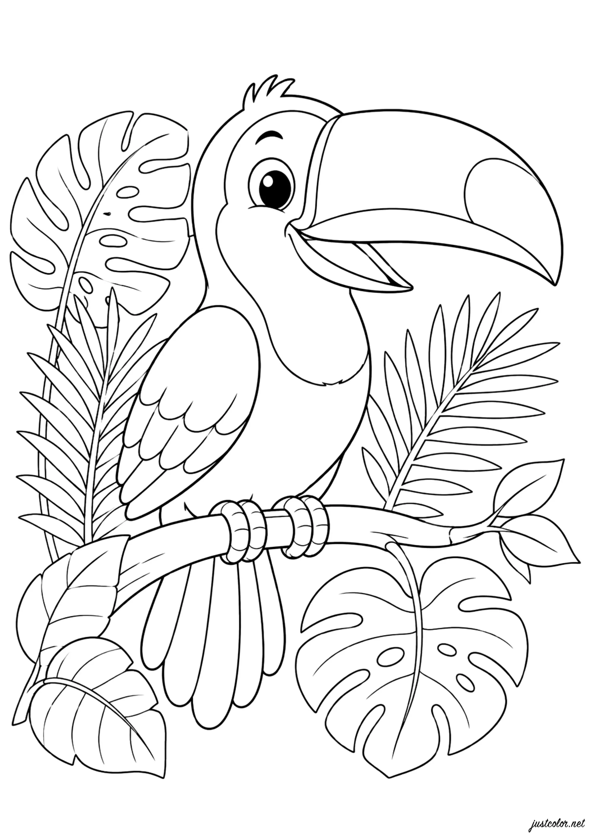 Fröhlicher Tukan im Dschungel (Ausmalbild von Vögel zum Ausdrucken und Ausmalen für Kinder)