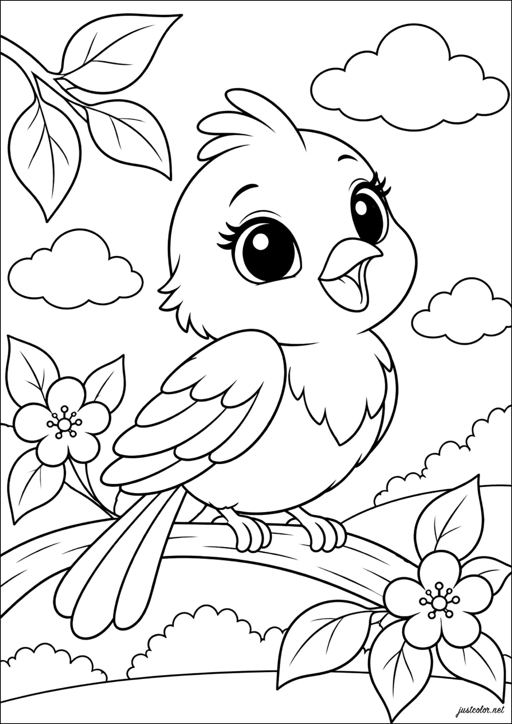 Fröhlicher Vogel auf einem blühenden Zweig (Ausmalbild zum Ausdrucken und Ausmalen für Kinder)