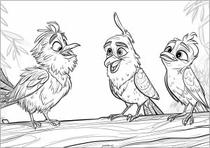 Drei lustige Vögel, im Disney / Pixar-Stil gezeichnet, auf einem Ast. (Ausmalbild)