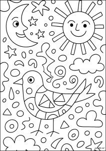 Vogel und geometrische Formen (Ausmalbild)