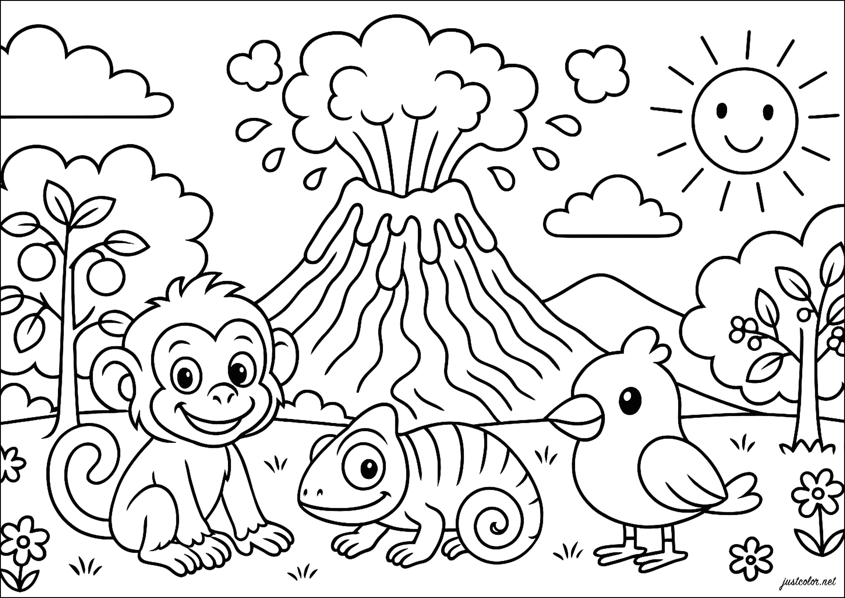 Affe, Chamäleon und Tropenvogel am Rand des Vulkans (Ausmalbild zum Ausdrucken und Ausmalen für Kinder)