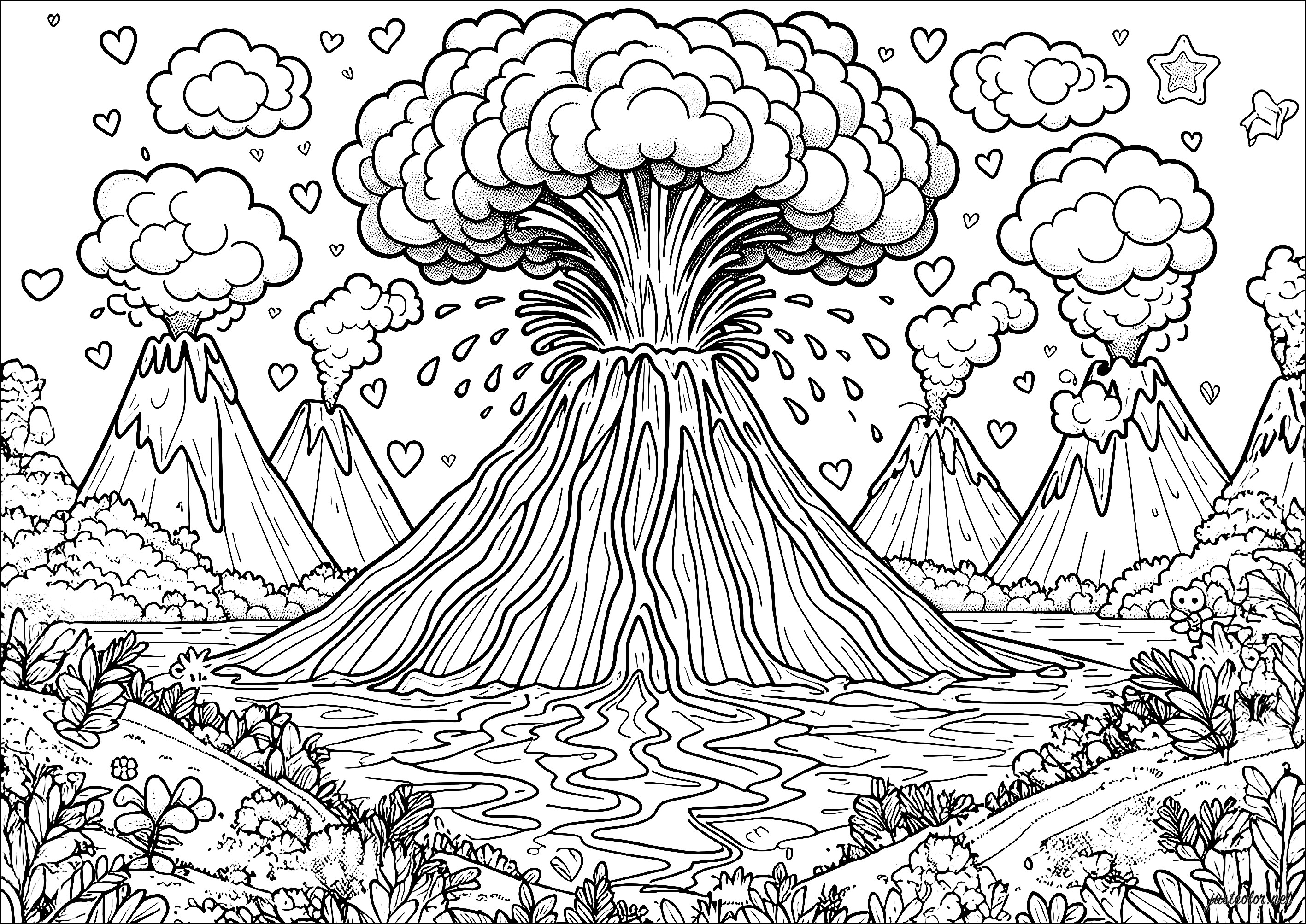 Mehrfache vulkanische Eruption (Ausmalbild von Vulkan zum Ausdrucken und Ausmalen für Kinder)