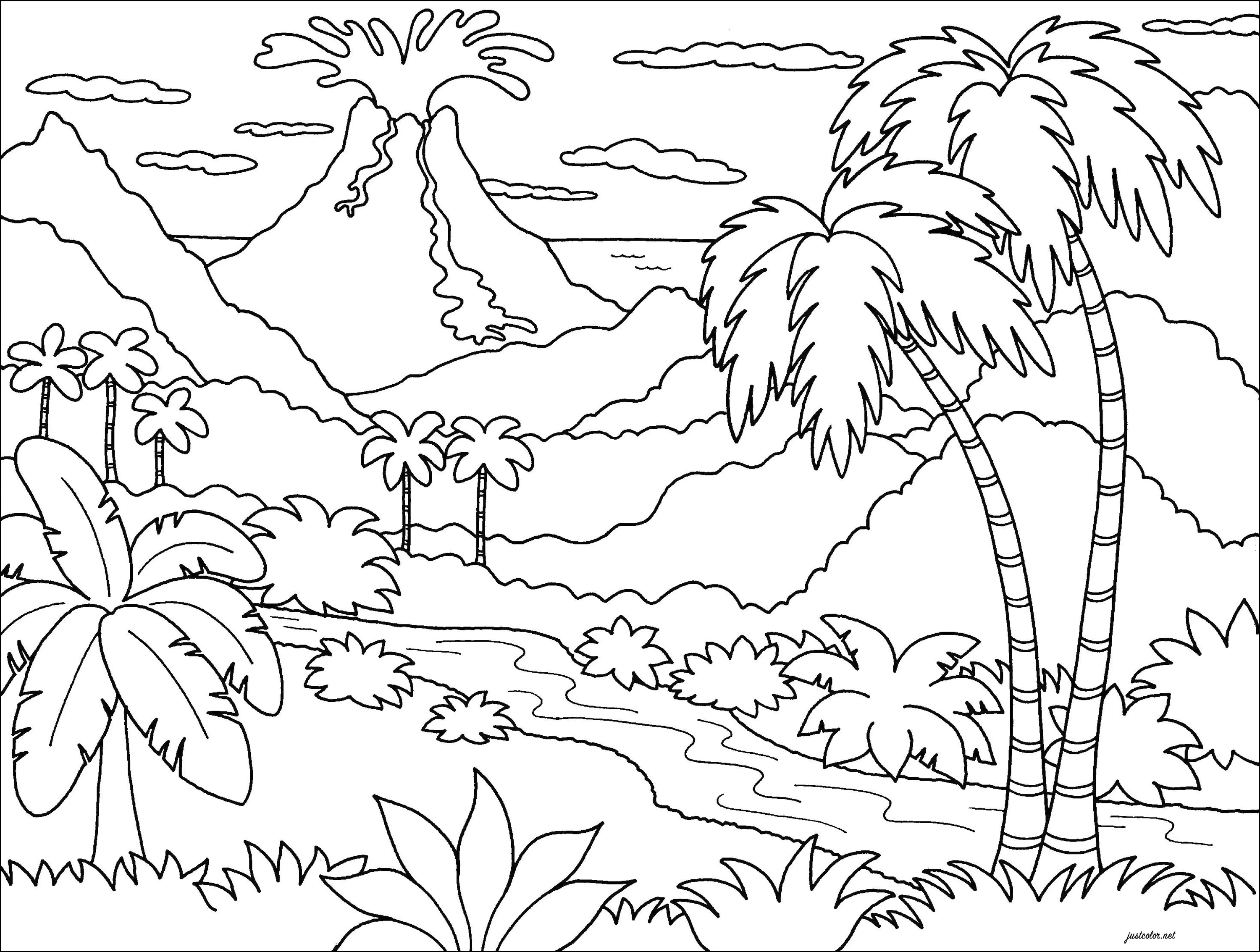 Landschaft mit Palmen und ausbrechendem Vulkan (Ausmalbild zum Ausdrucken und Ausmalen für Kinder)