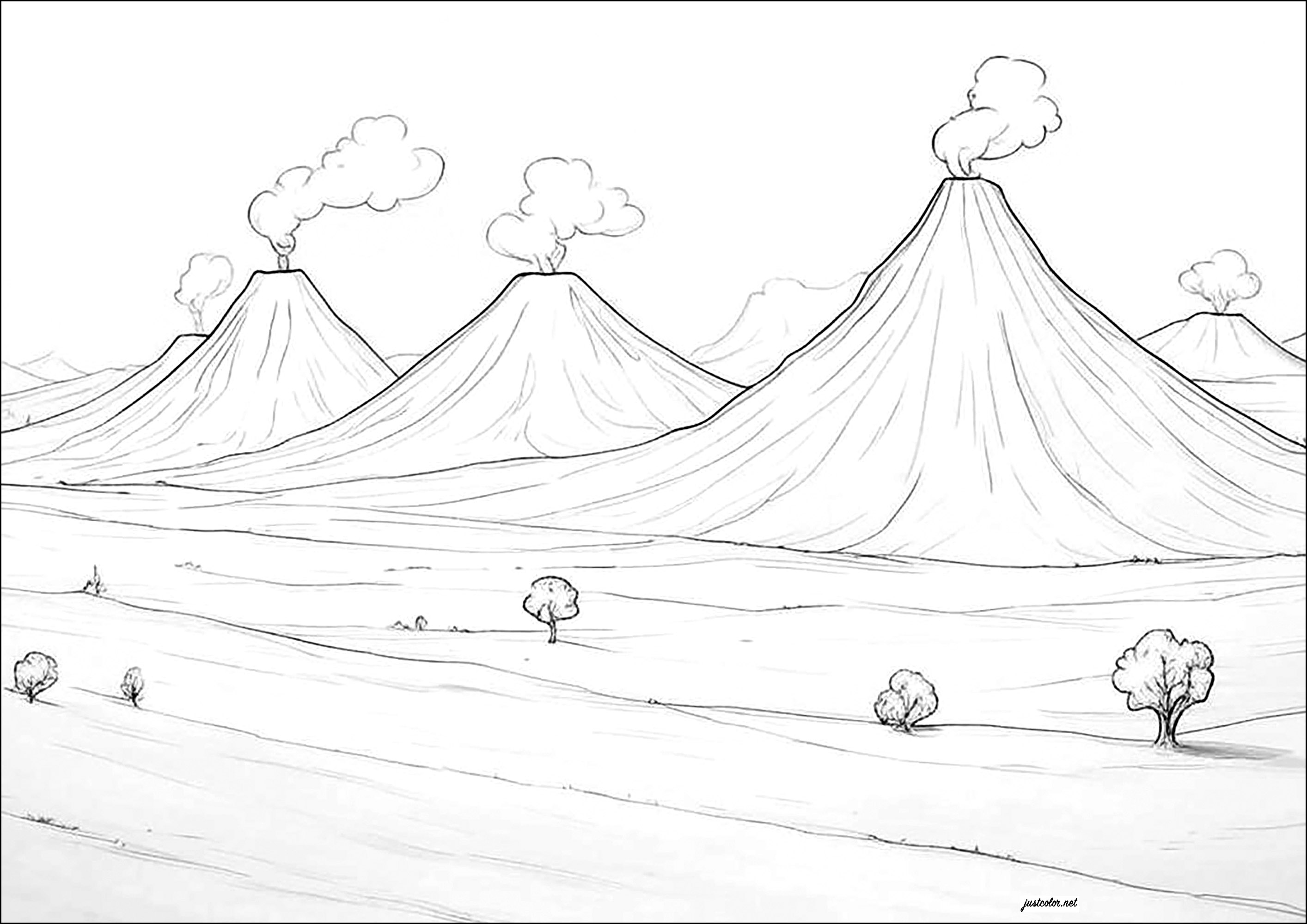 Landschaft und Vulkane (Ausmalbild von Vulkan zum Ausdrucken und Ausmalen für Kinder)