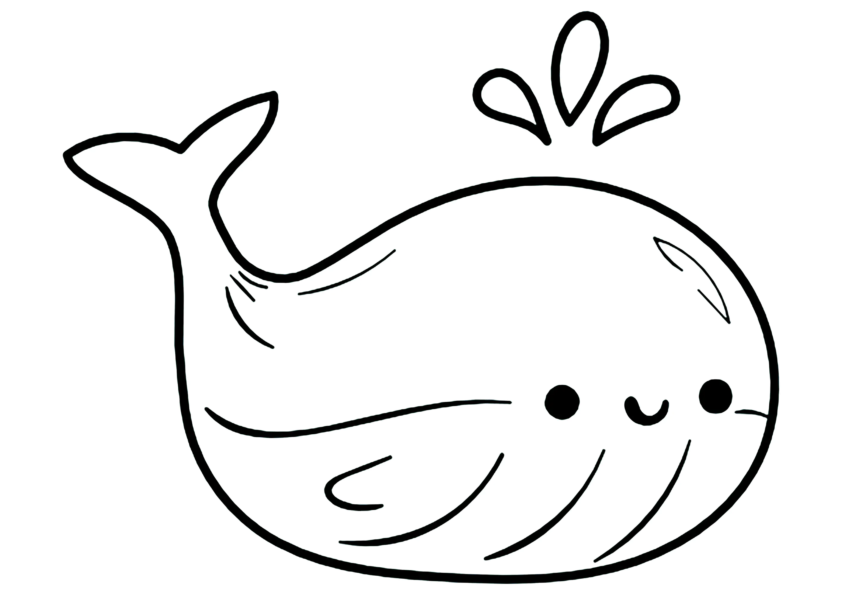 Hübscher Wal im Kawaii-Stil gezeichnet. (Ausmalbild von Wale zum Ausdrucken und Ausmalen für Kinder)
