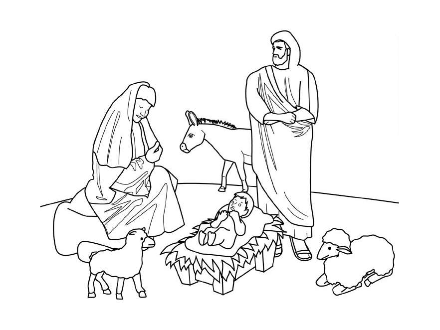 Coloriage Weihnachtskrippe zum Ausdrucken (Ausmalbild von Weihnachten zum Ausdrucken und Ausmalen für Kinder)