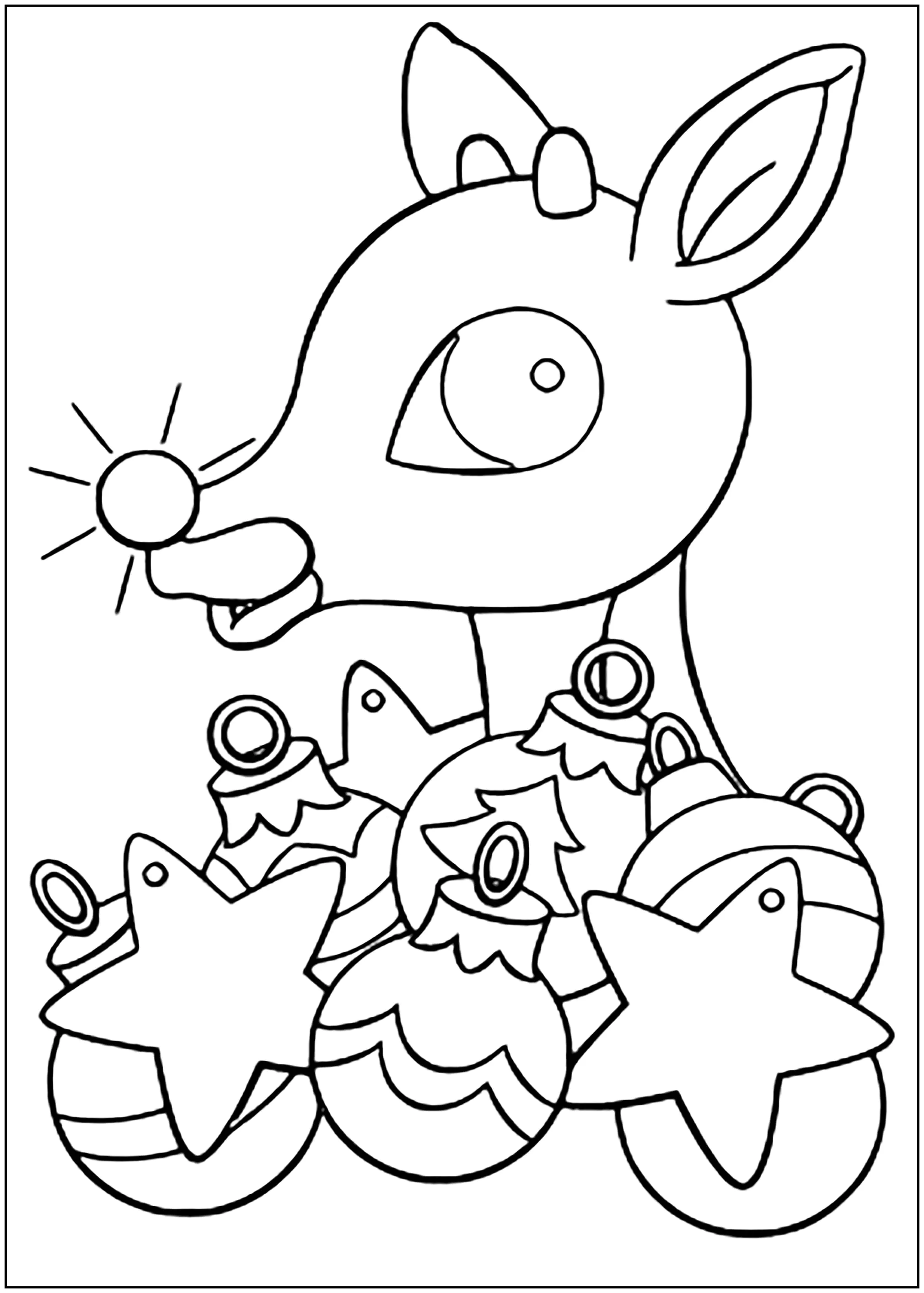 Malbuch von Rudolph, dem Rentier des Weihnachtsmannes, und Weihnachtskugeln. (Ausmalbild von Weihnachten zum Ausdrucken und Ausmalen für Kinder)