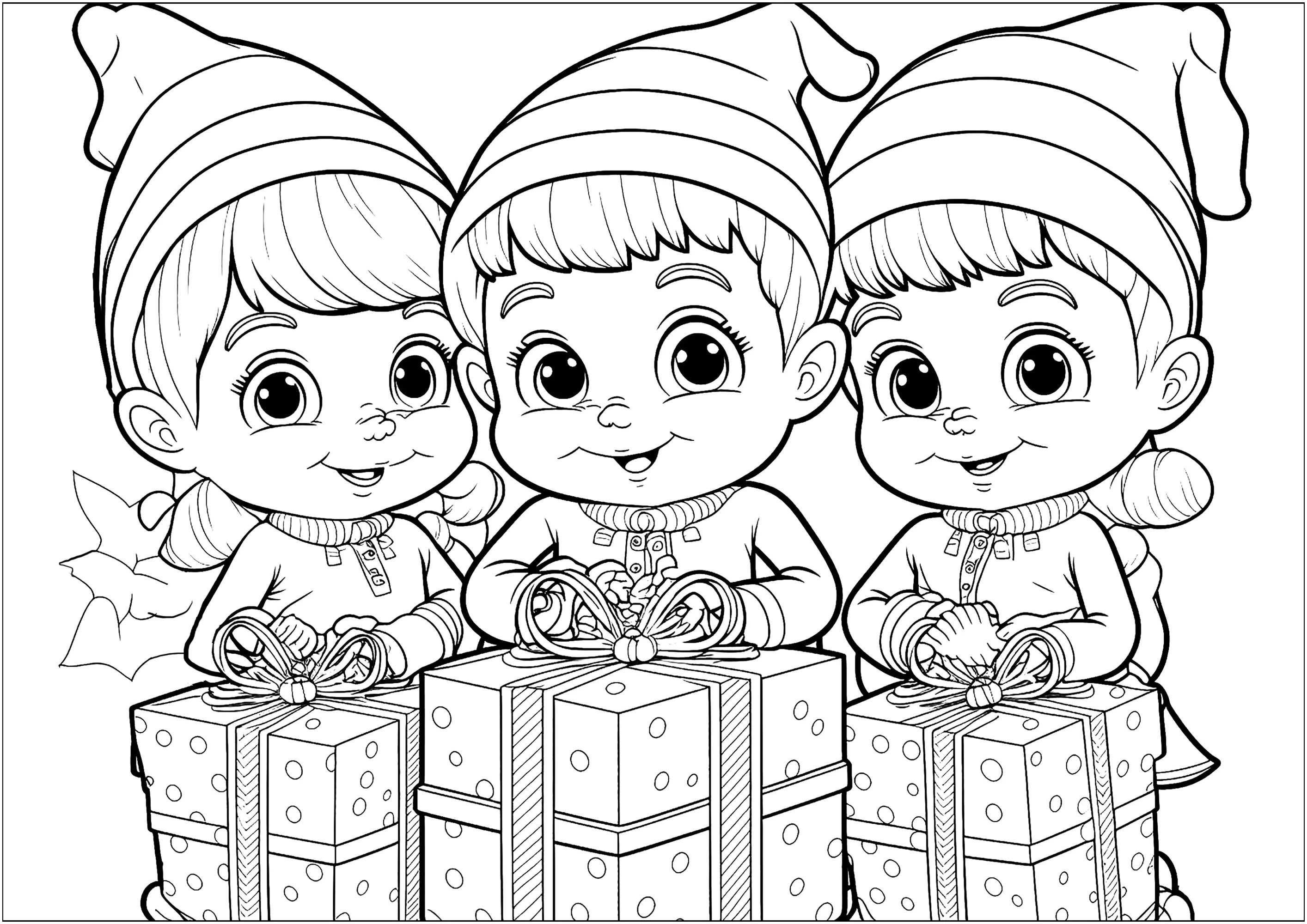 Drei Weihnachtswichtel (Ausmalbild von Weihnachten zum Ausdrucken und Ausmalen für Kinder)