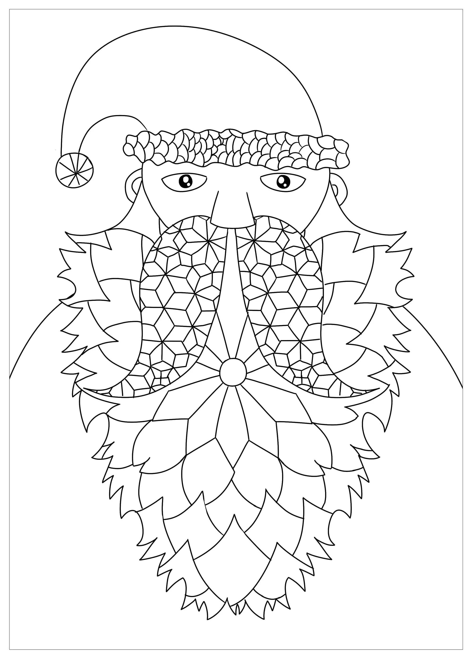 Kopf des bärtigen Weihnachtsmanns (Ausmalbild von Weihnachten zum Ausdrucken und Ausmalen für Kinder)