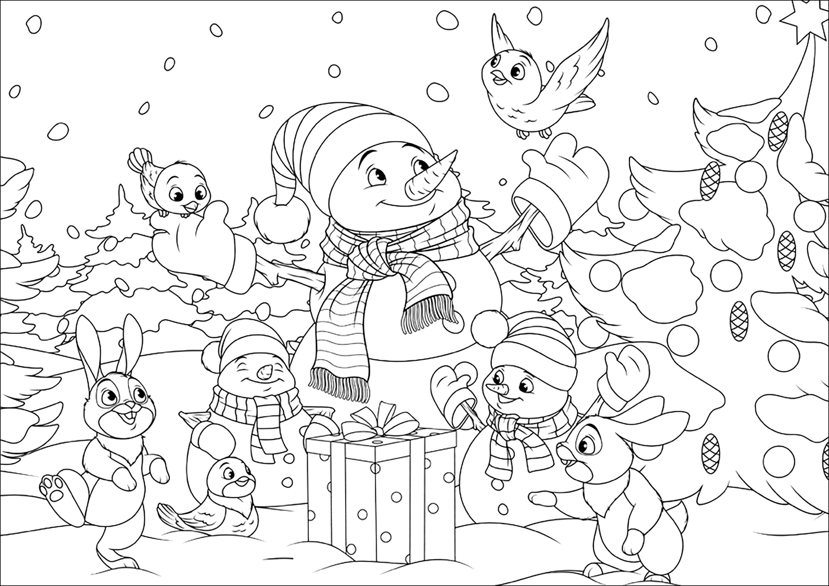 Weihnachtsmänner, Hasen und Vögel (Ausmalbild von Weihnachten zum Ausdrucken und Ausmalen für Kinder)