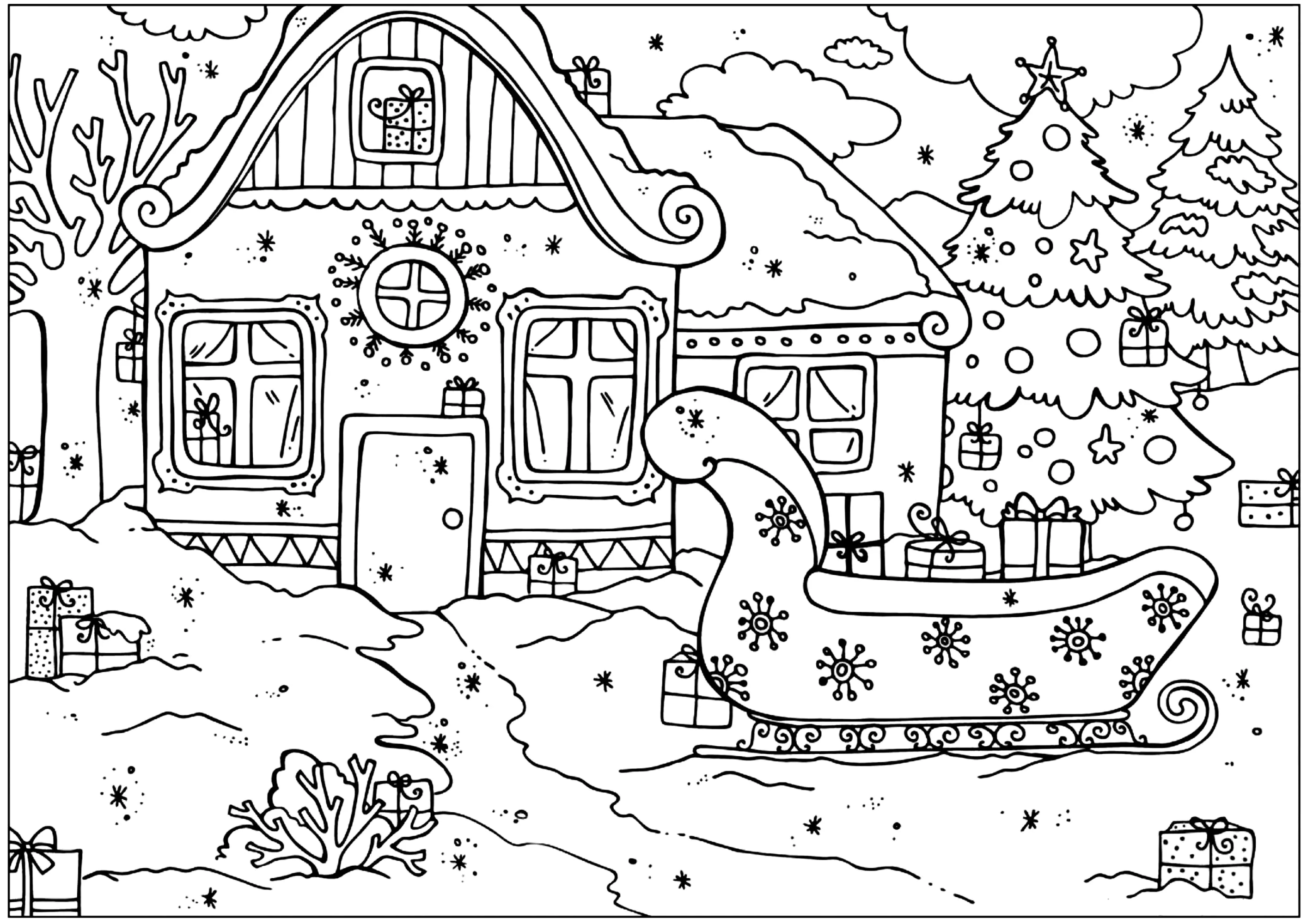 Der Schlitten vom Weihnachtsmann (Ausmalbild von Weihnachten zum Ausdrucken und Ausmalen für Kinder)