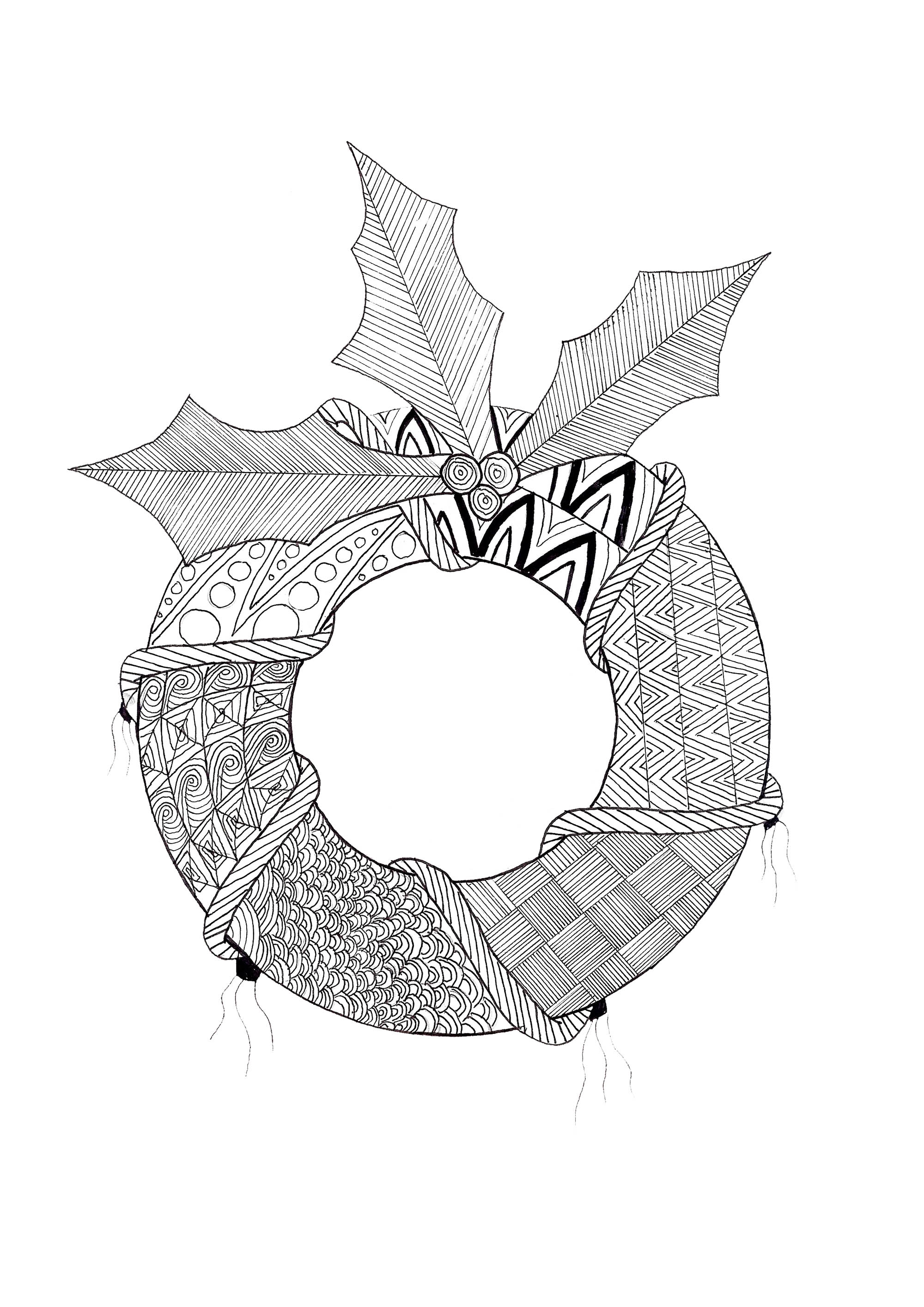 Weihnachtskranz mit Zentangle-Motiven (Ausmalbild von Weihnachten) Weihnachtskranz mit Zentangle-Motiven (Ausmalbild von Weihnachten zum Ausdrucken und Ausmalen für Kinder)