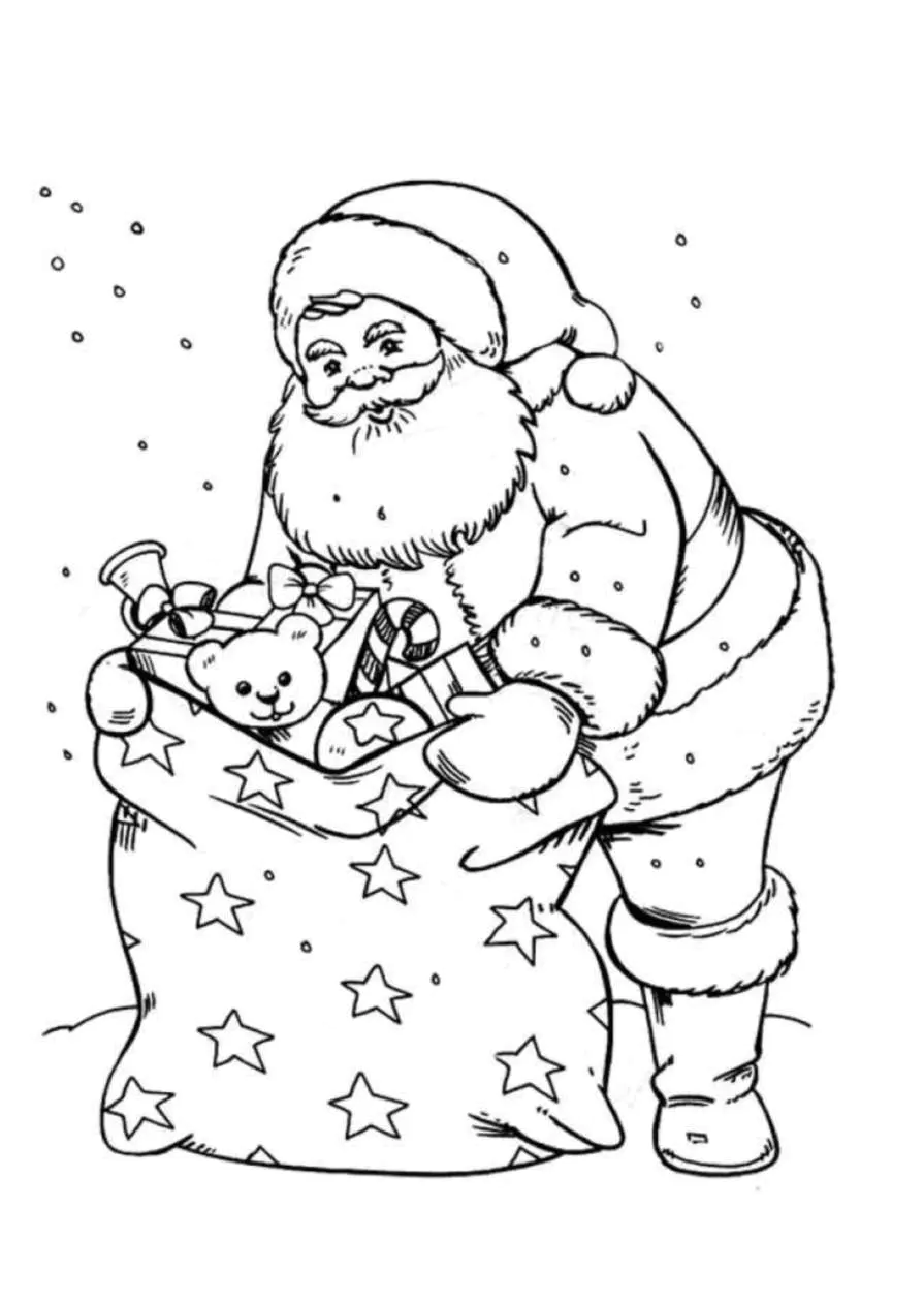Santa Claus und sein Sack. (Ausmalbild von Weihnachten zum Ausdrucken und Ausmalen für Kinder)