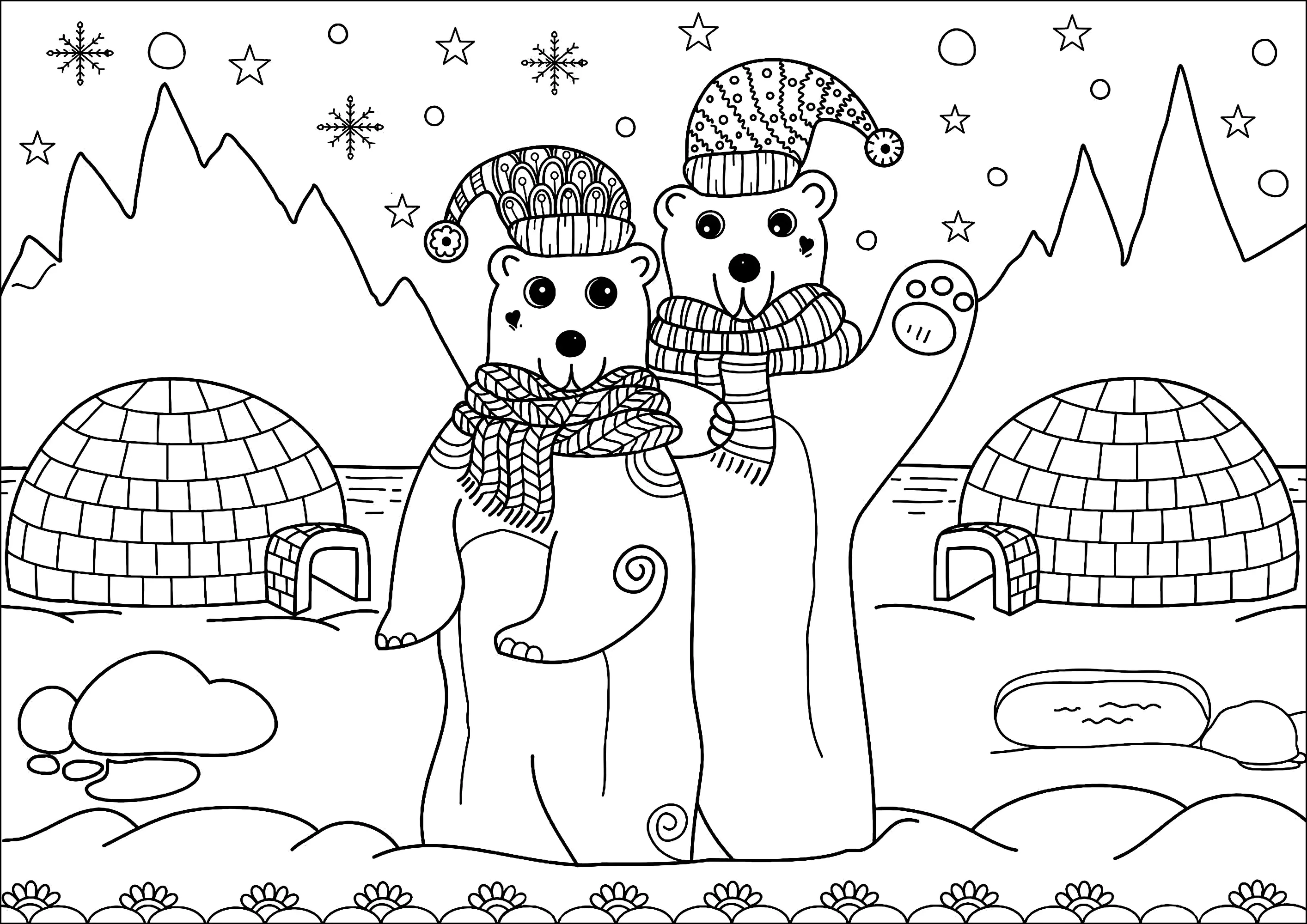 Polarbären und Iglus (Ausmalbild von Weihnachten zum Ausdrucken und Ausmalen für Kinder)