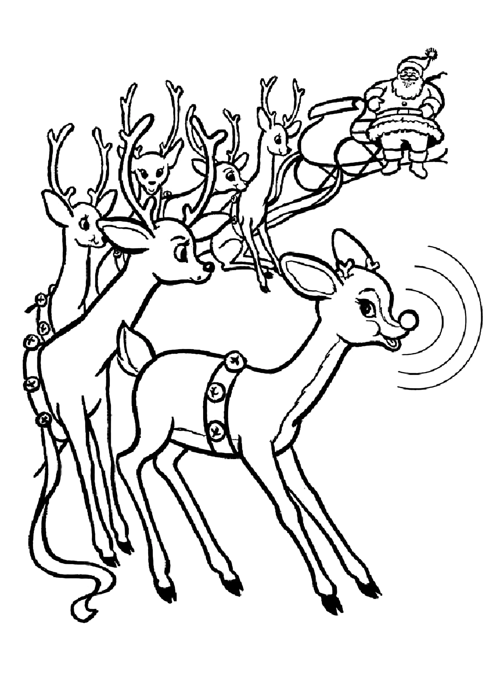 Rudolph, das rotnasige Rentier und der Schlitten vom Weihnachtsmann. (Ausmalbild von Weihnachten zum Ausdrucken und Ausmalen für Kinder)