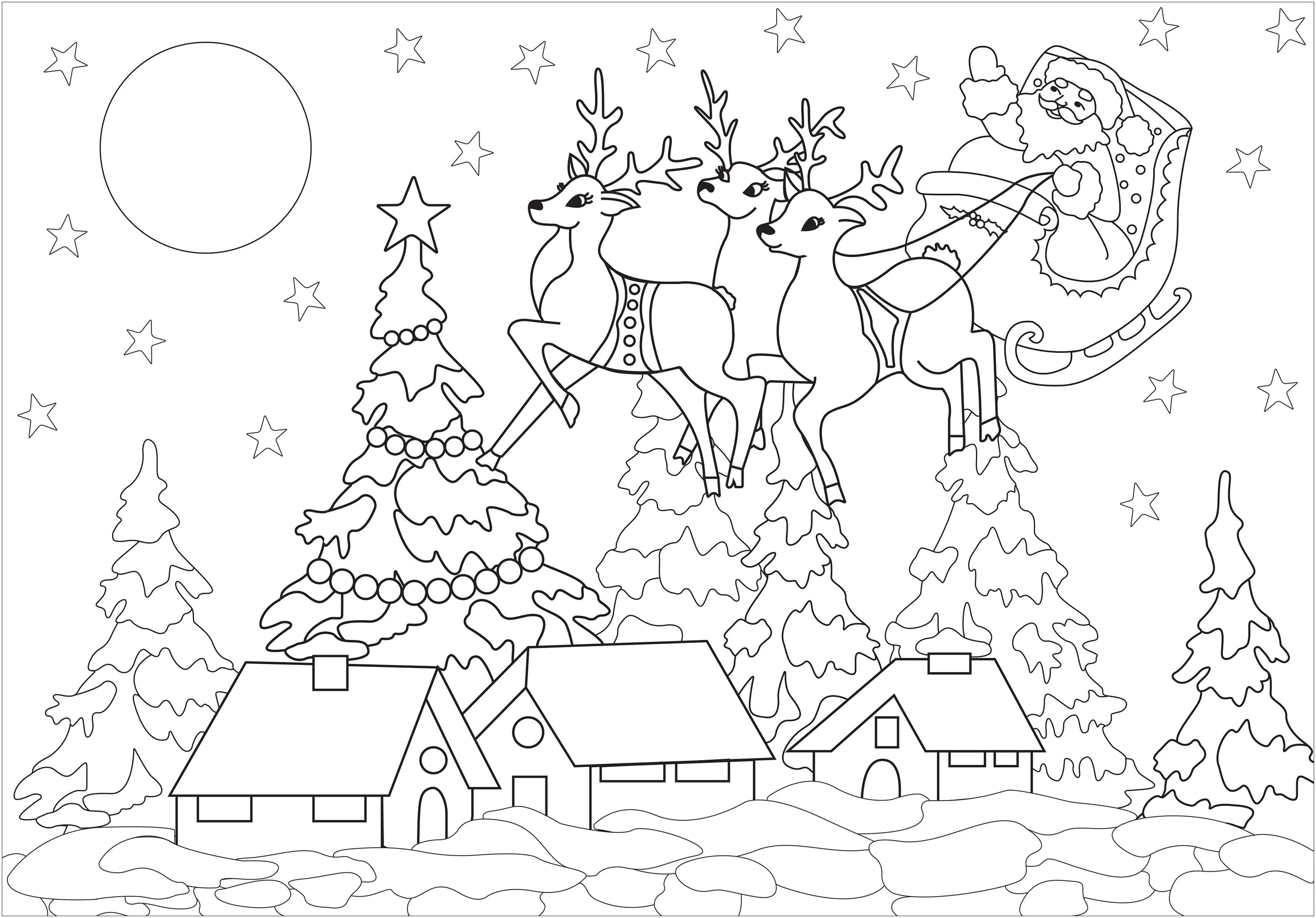Hübsches Weihnachtsdorf (Ausmalbild von Weihnachten zum Ausdrucken und Ausmalen für Kinder)