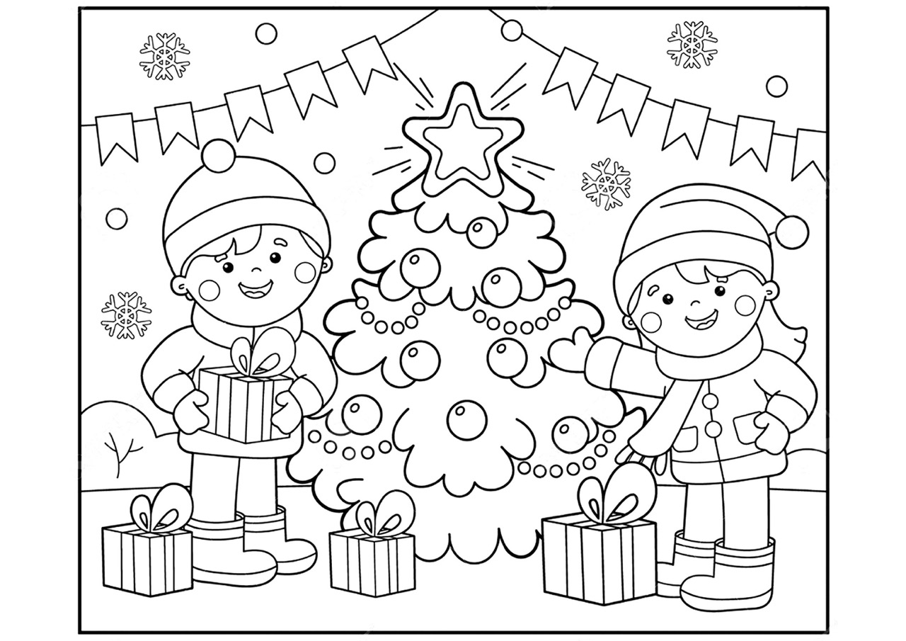 Zwei Kinder bereit, ihre Geschenke am Fuße des Weihnachtsbaums zu öffnen. (Ausmalbild von Weihnachten zum Ausdrucken und Ausmalen für Kinder)