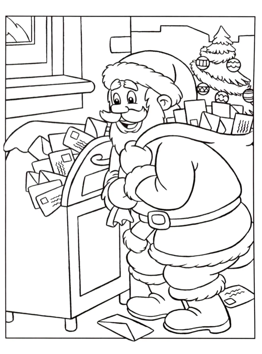 Weihnachtsmann sammelt Briefe von Kindern ein (Ausmalbild von Weihnachten zum Ausdrucken und Ausmalen für Kinder)