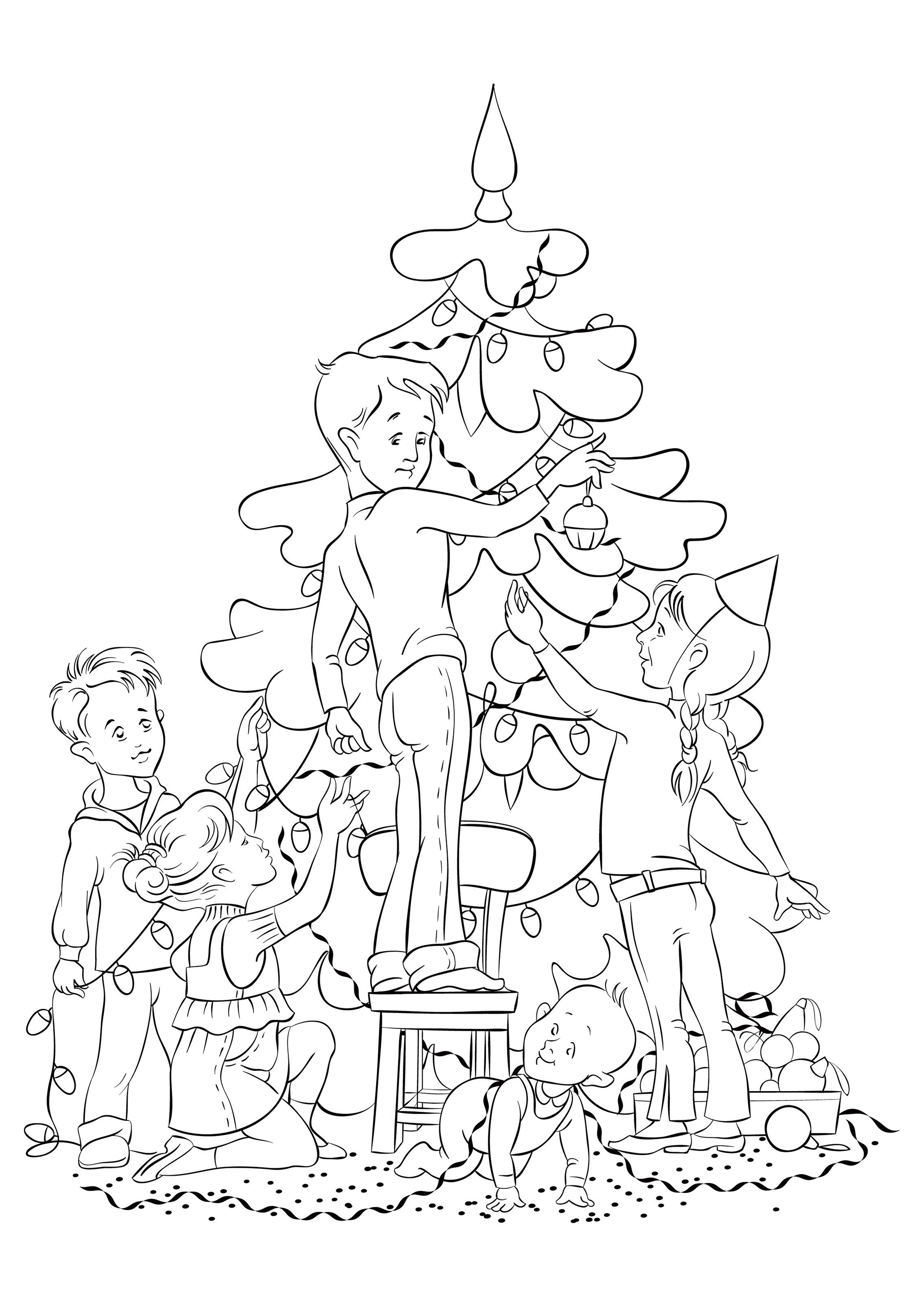 Schmücken des Weihnachtsbaums (Ausmalbild von Weihnachten zum Ausdrucken und Ausmalen für Kinder)