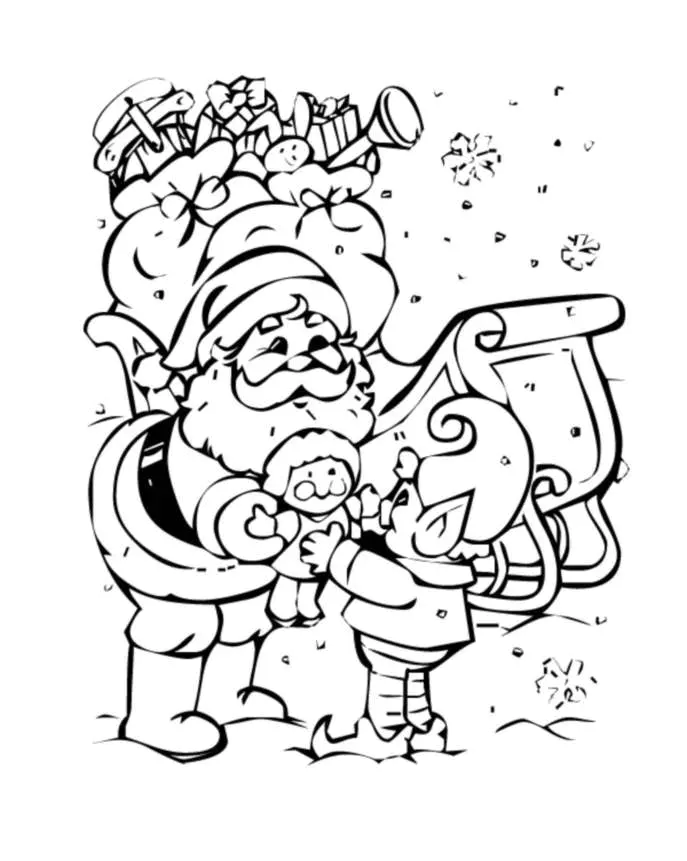 Weihnachtsmann & Wichtel (Ausmalbild von Weihnachten zum Ausdrucken und Ausmalen für Kinder)