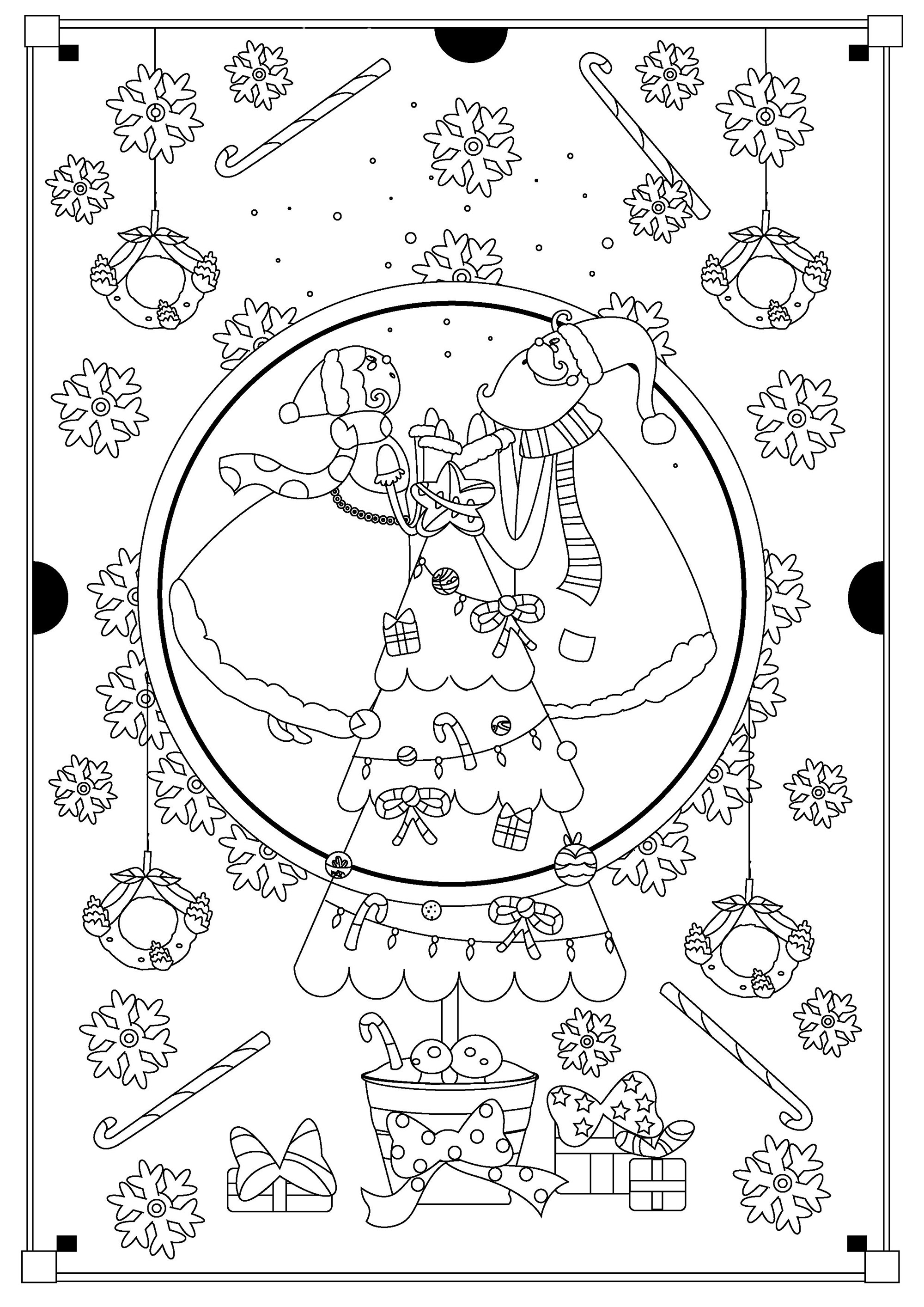 Ausmalbild von : Vater Weihnachten, Mutter Weihnachten und schöner Tannenbaum. Ausmalbild von zum Ausdrucken und Ausmalen für Kinder : Vater Weihnachten, Mutter Weihnachten und schöner Tannenbaum.