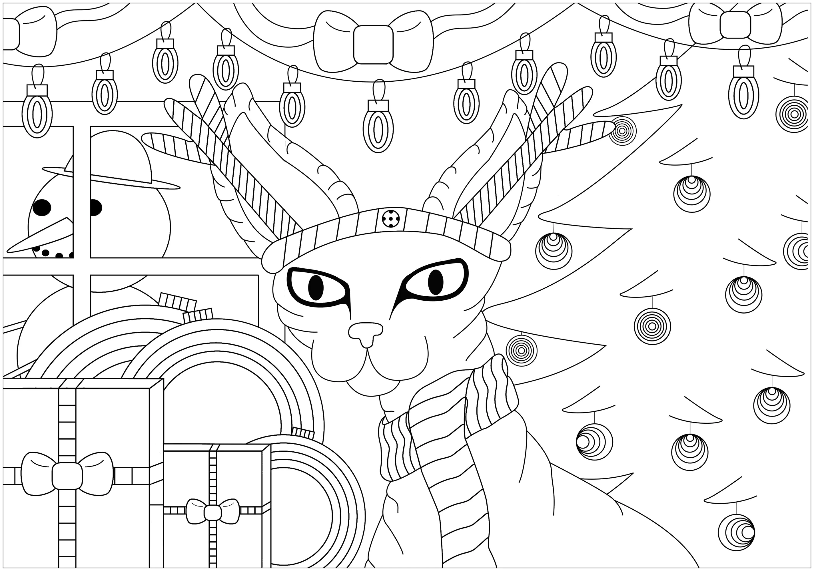 Weihnachtssphinx-Katze (Ausmalbild von Weihnachten zum Ausdrucken und Ausmalen für Kinder)