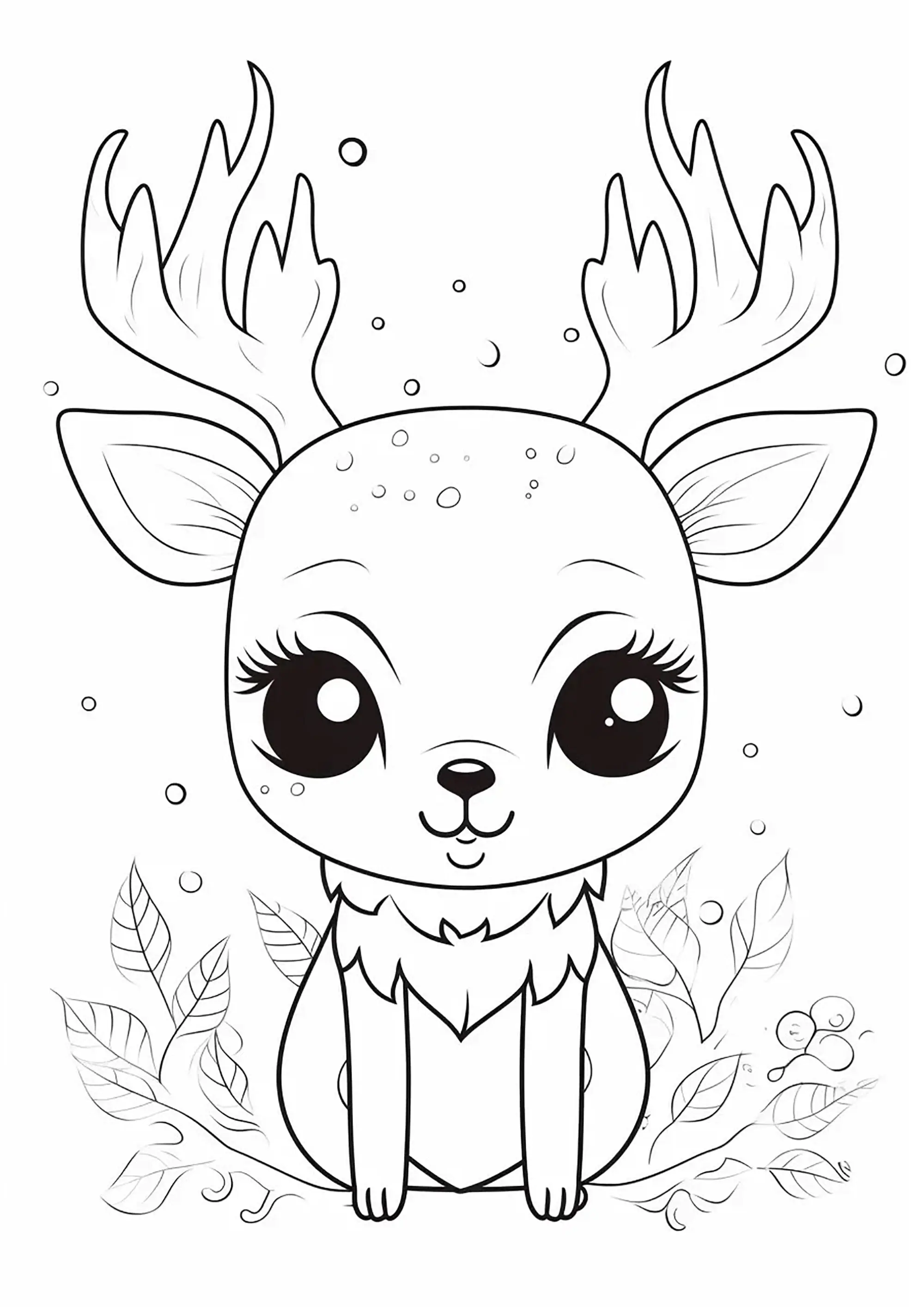 Kleiner Rentier mit großen Augen (Ausmalbild von Weihnachten zum Ausdrucken und Ausmalen für Kinder)