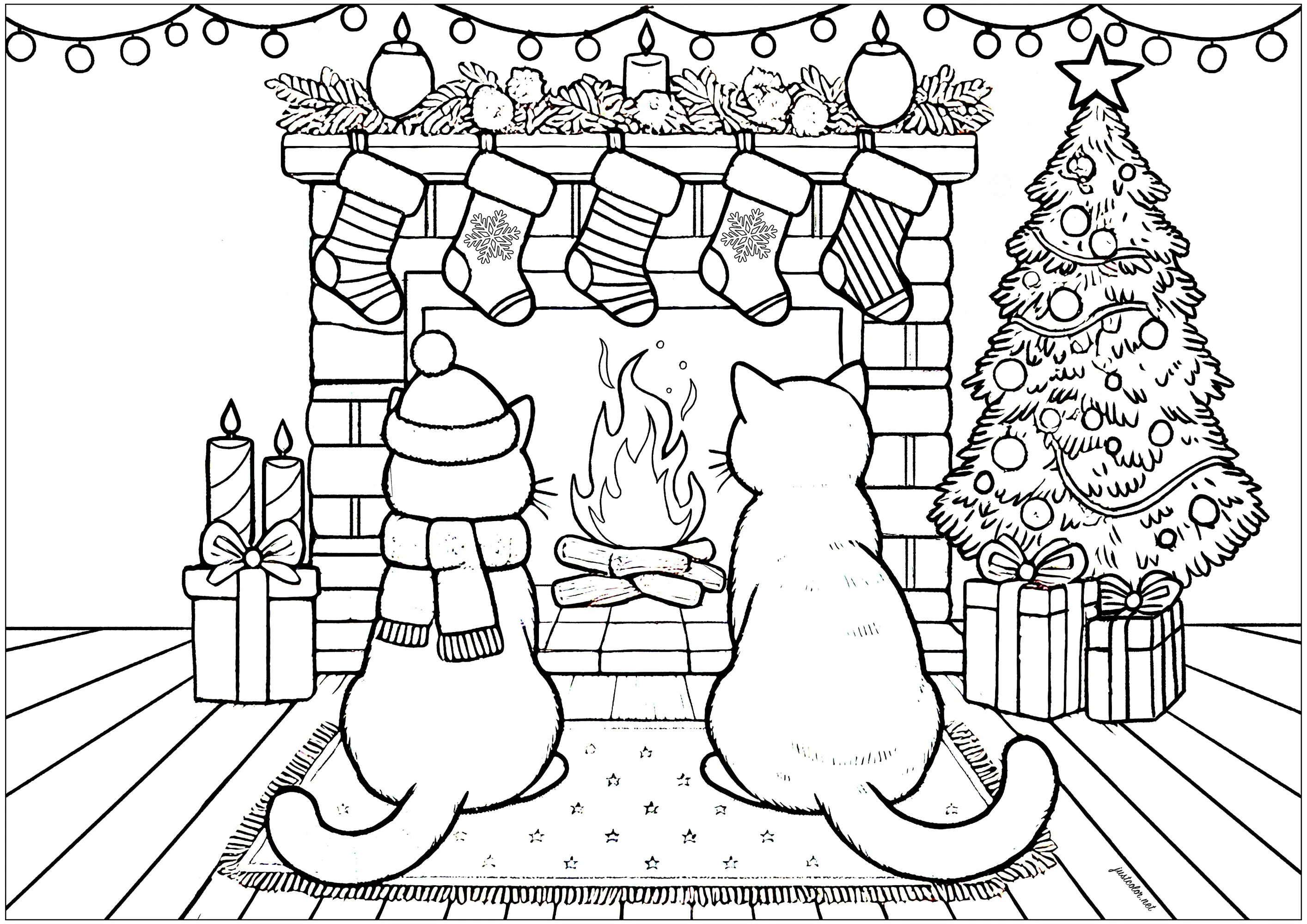 Zwei Katzen vor einem Kamin (Ausmalbild von Weihnachten zum Ausdrucken und Ausmalen für Kinder)