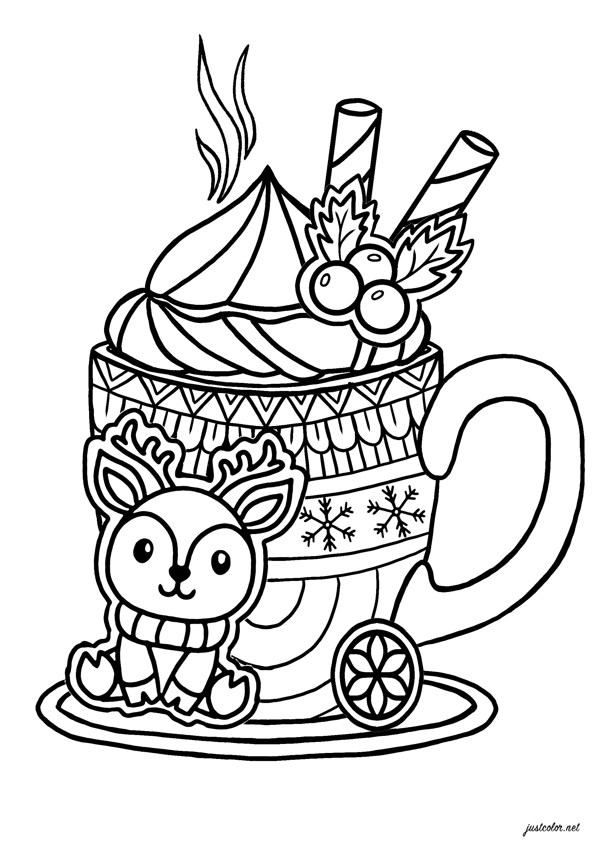 Heiße Schokolade mit einem kleinen Rentier (Ausmalbild von Weihnachten zum Ausdrucken und Ausmalen für Kinder)