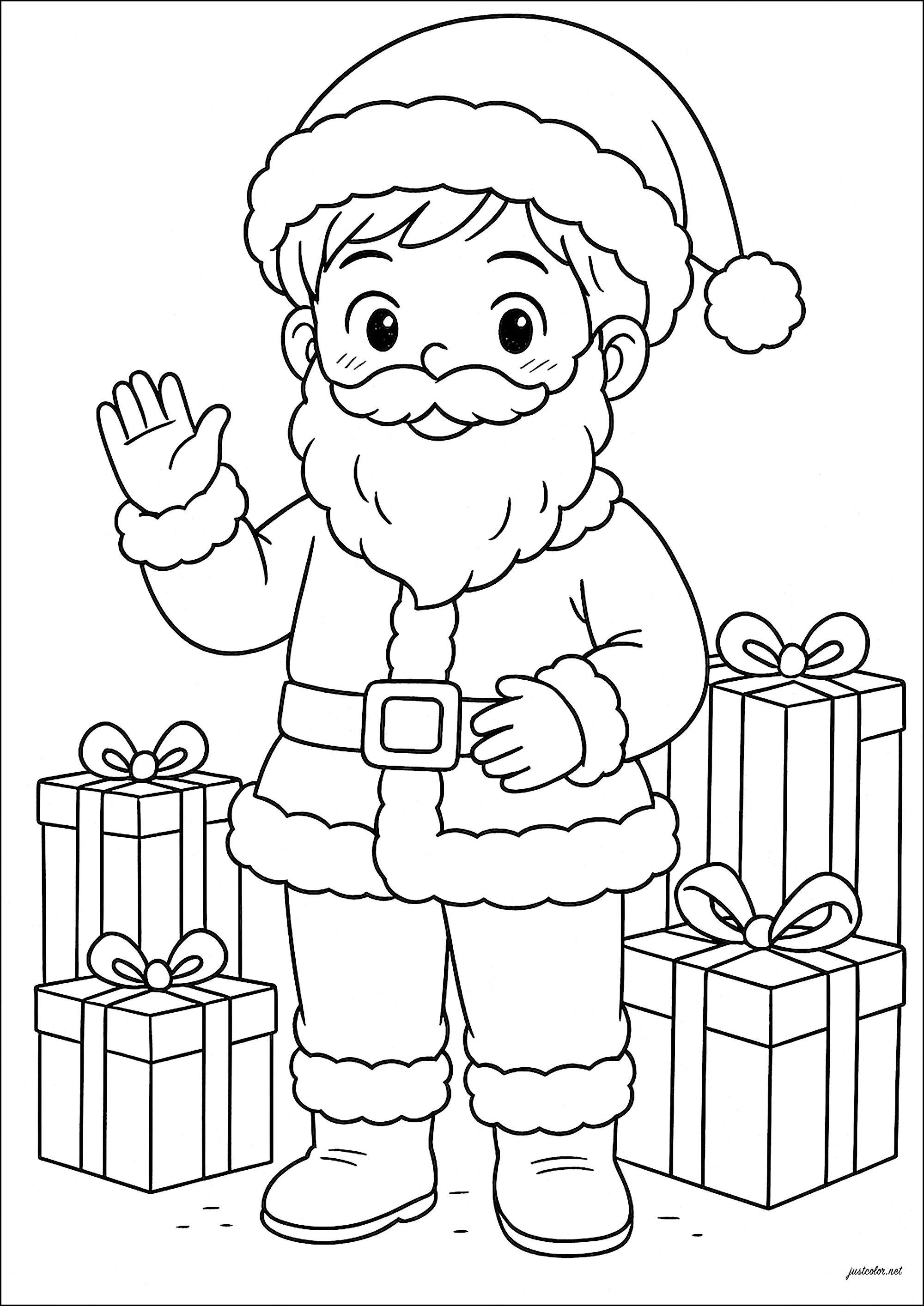 Junger Weihnachtsmann und seine Geschenke (Ausmalbild von Weihnachten zum Ausdrucken und Ausmalen für Kinder)