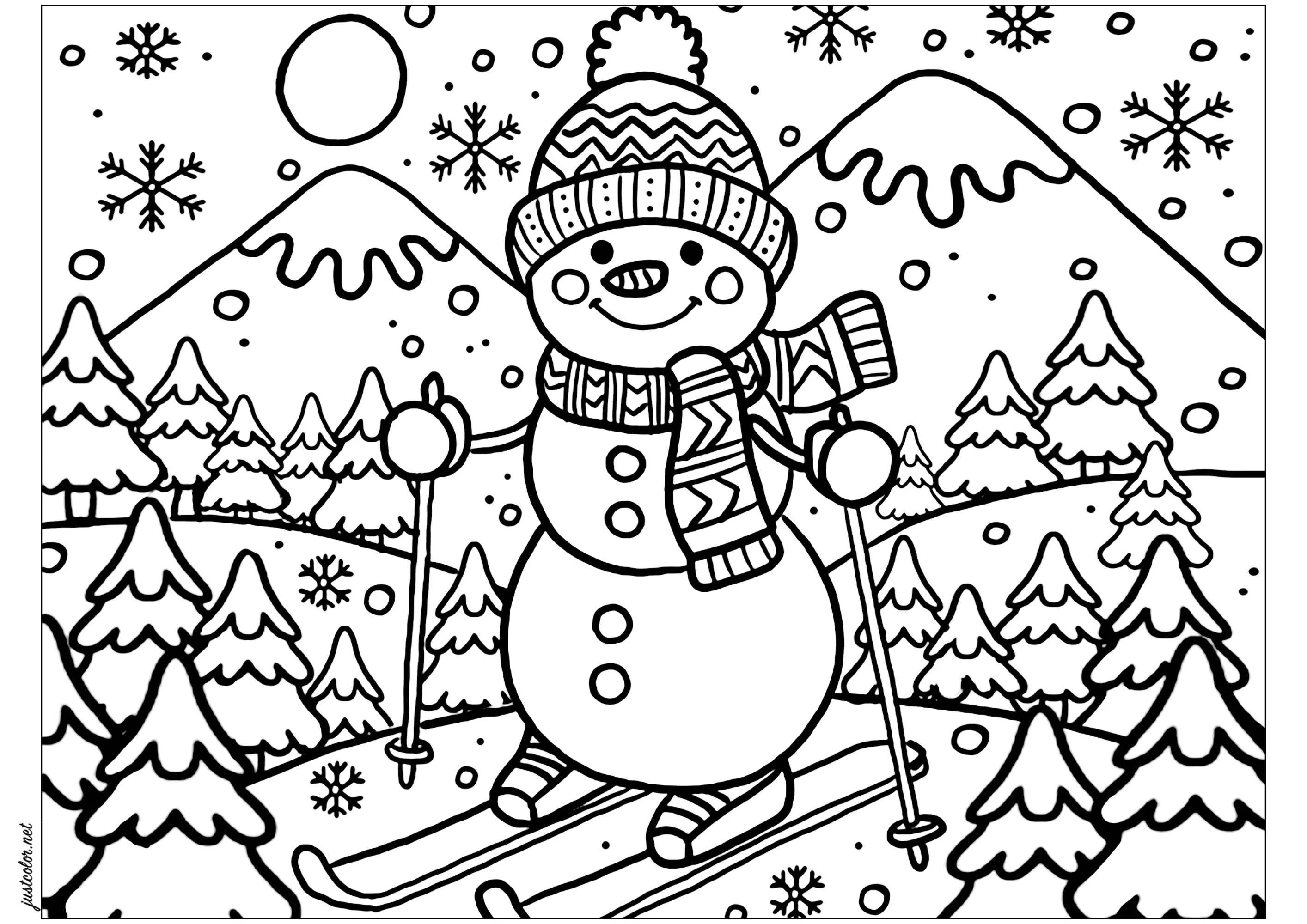 Schneemann beim Skifahren (Ausmalbild von Weihnachten zum Ausdrucken und Ausmalen für Kinder)