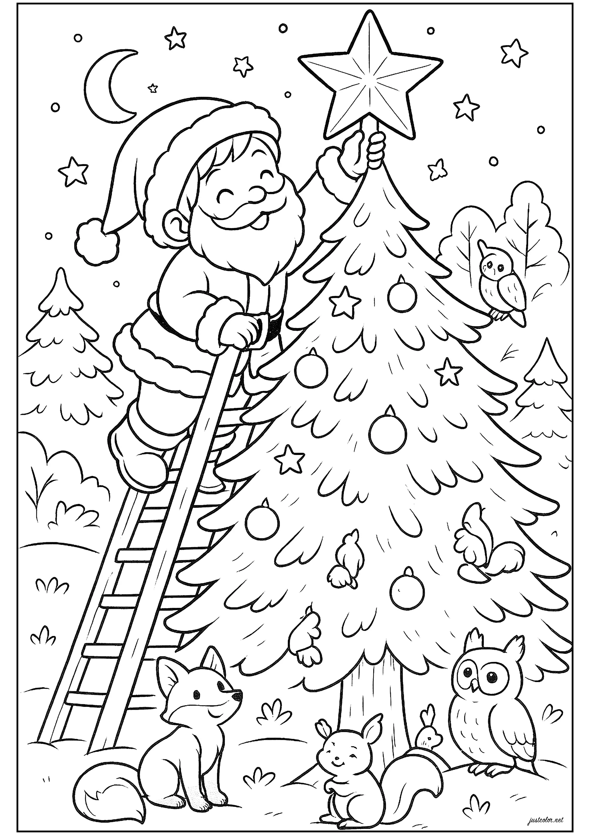 Der Weihnachtsmann bringt einen großen Stern an diesem schönen Baum an (Ausmalbild von Weihnachten zum Ausdrucken und Ausmalen für Kinder)
