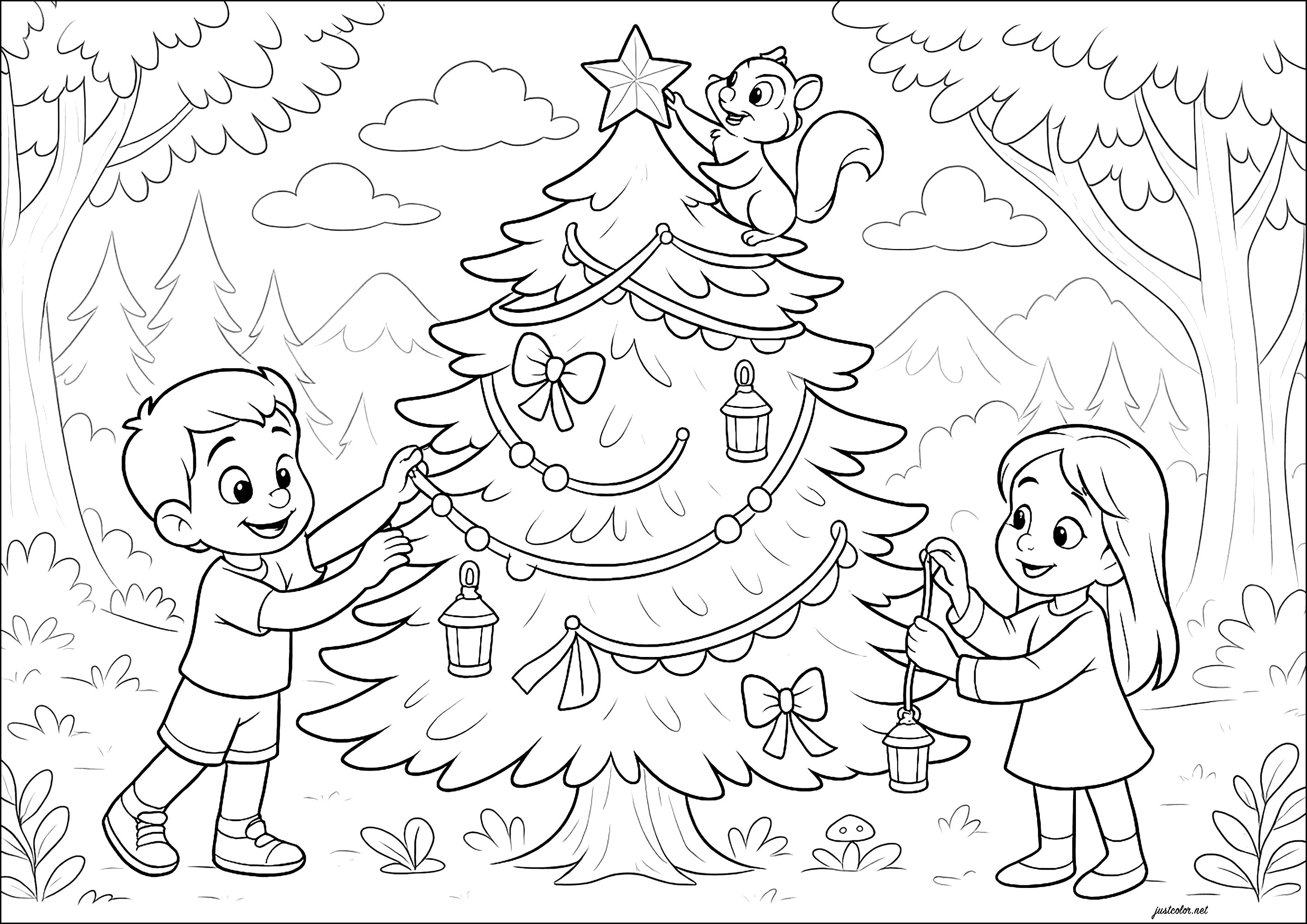 Schmücken eines Baumes im Wald (Ausmalbild von Weihnachten zum Ausdrucken und Ausmalen für Kinder)