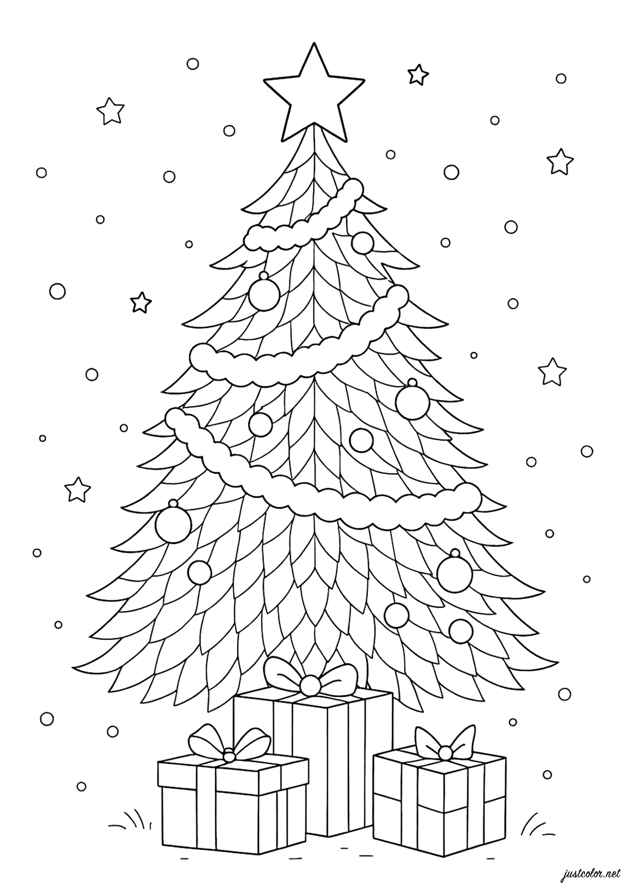Schöner Weihnachtsbaum mit ausmalbaren Bereichen (Ausmalbild von Weihnachten zum Ausdrucken und Ausmalen für Kinder)