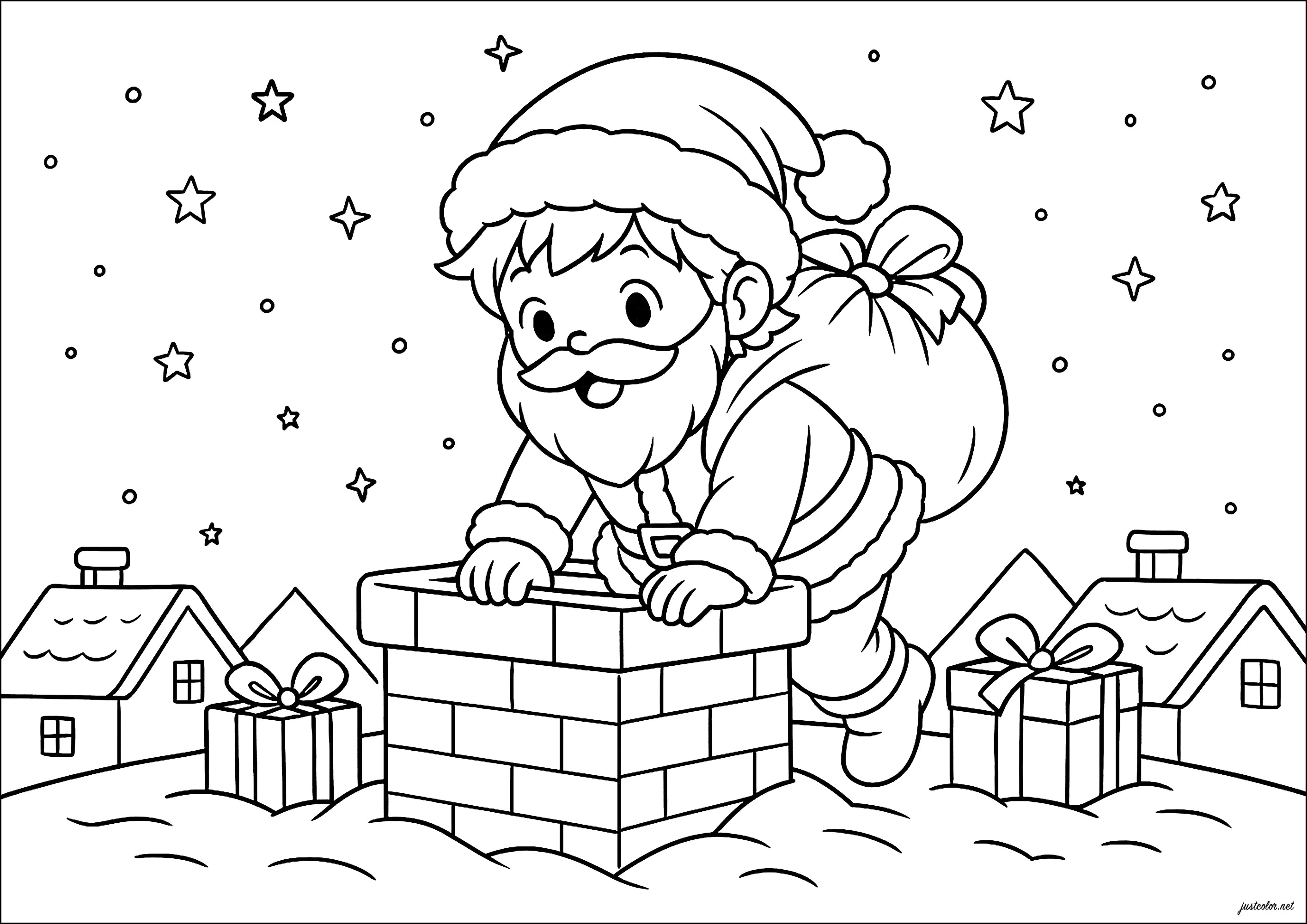 Verteilung des Geschenks am Weihnachtsabend (Ausmalbild von Weihnachten zum Ausdrucken und Ausmalen für Kinder)