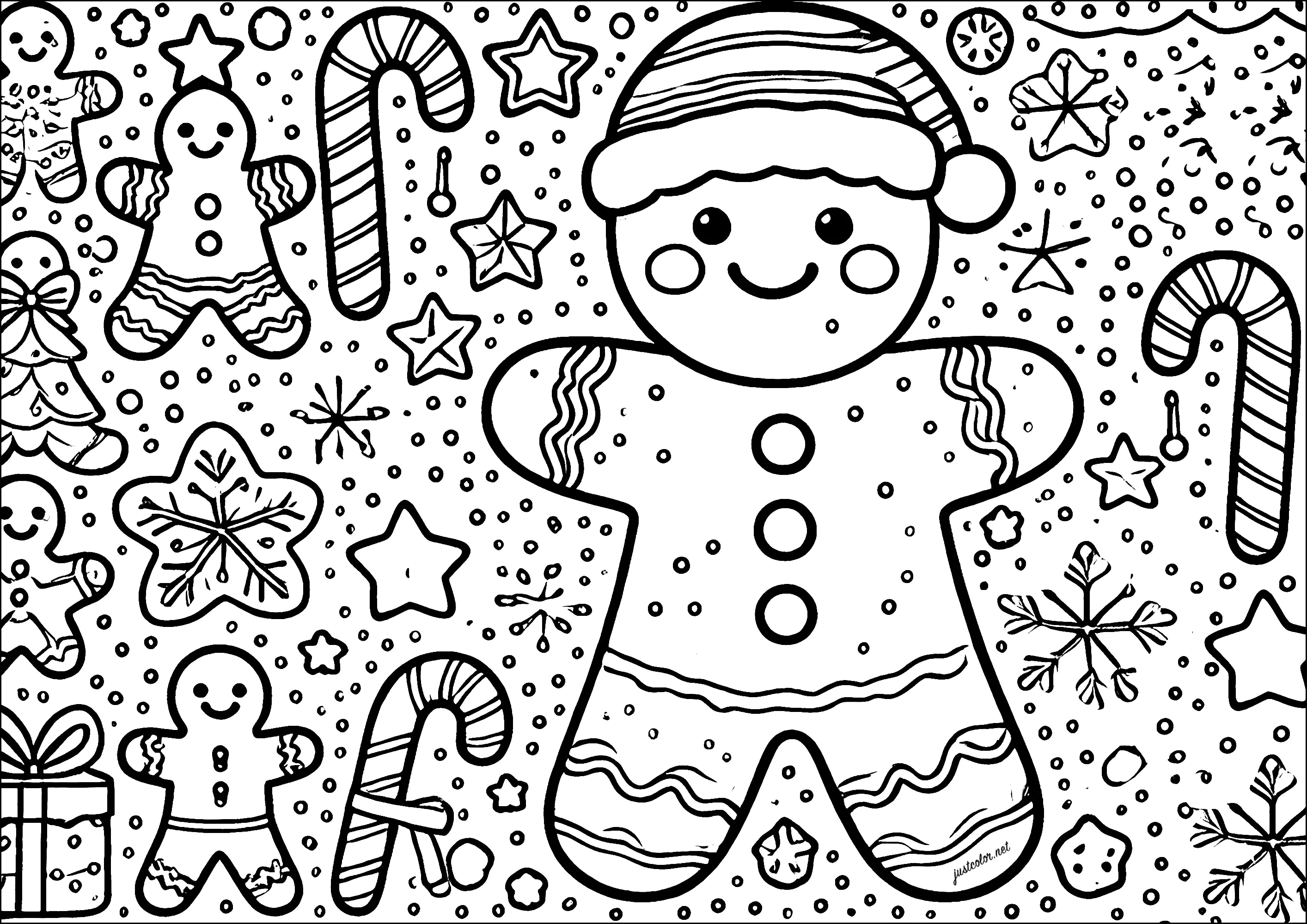 Hübscher Lebkuchenmann, umgeben von hübschen Weihnachtsmotiven (Ausmalbild von Weihnachten zum Ausdrucken und Ausmalen für Kinder)