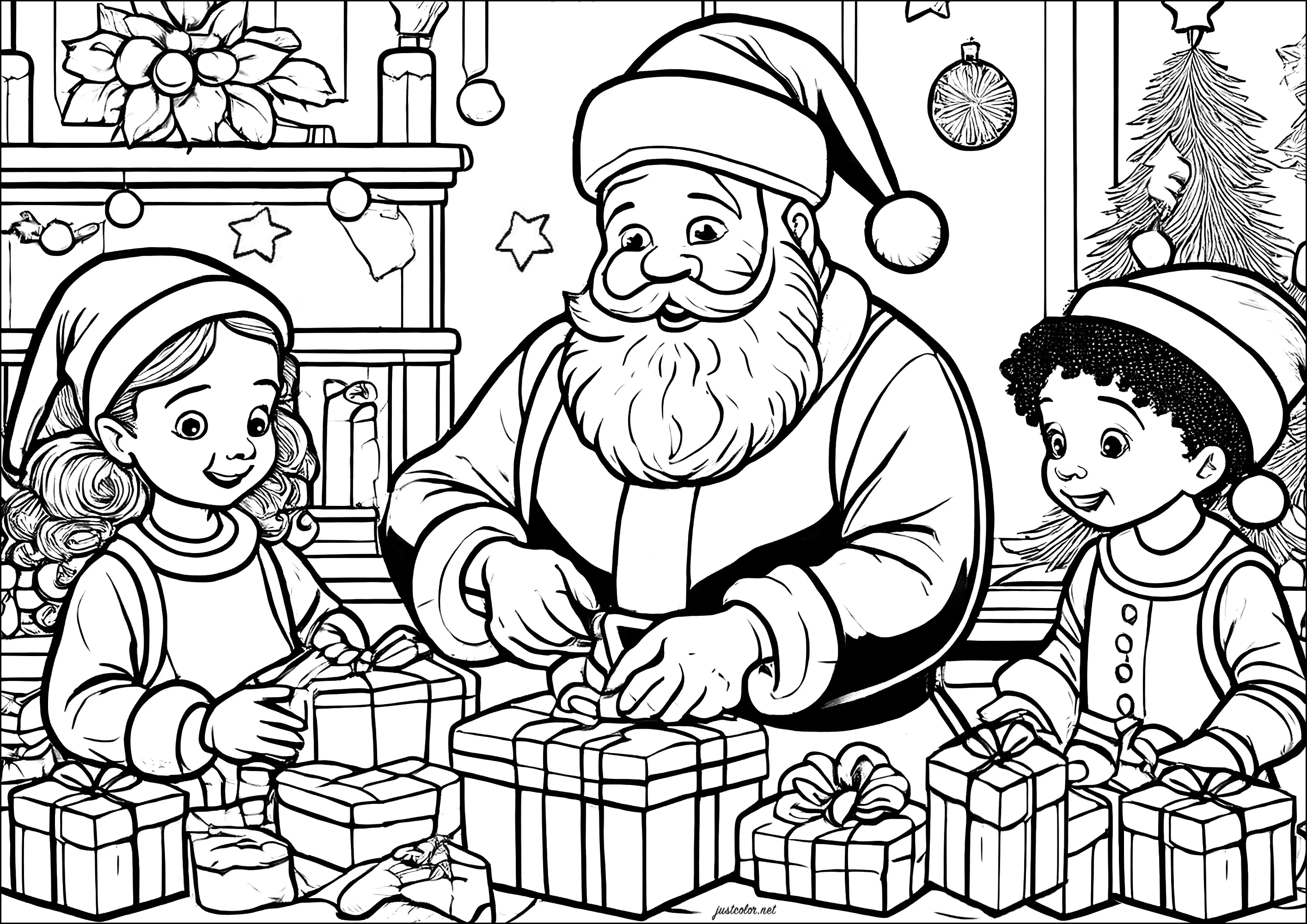 Weihnachtsmann beim Vorbereiten von Geschenken mit zwei Kindern (Ausmalbild von Weihnachten zum Ausdrucken und Ausmalen für Kinder)
