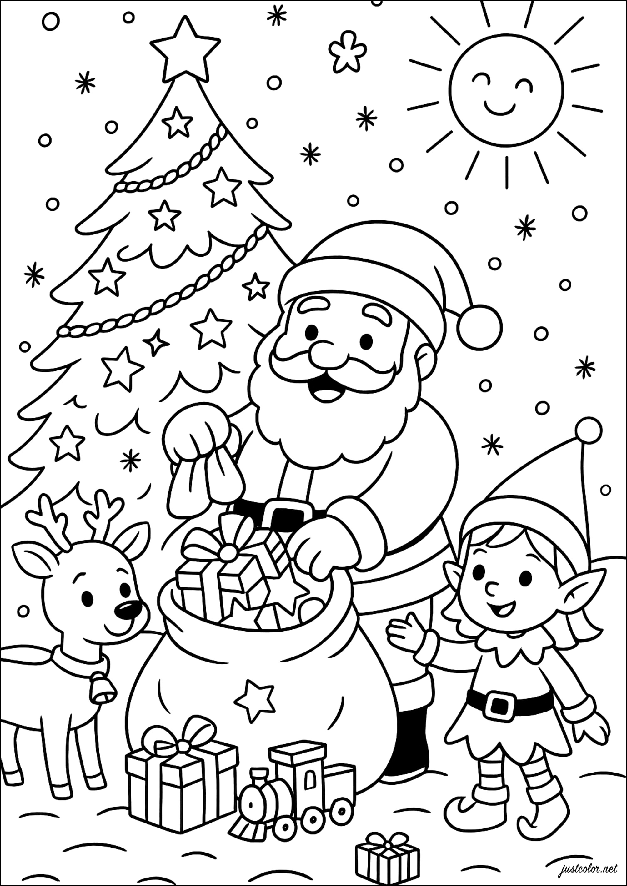 Weihnachtsmann und seine Gefährten (Ausmalbild von Weihnachten zum Ausdrucken und Ausmalen für Kinder)