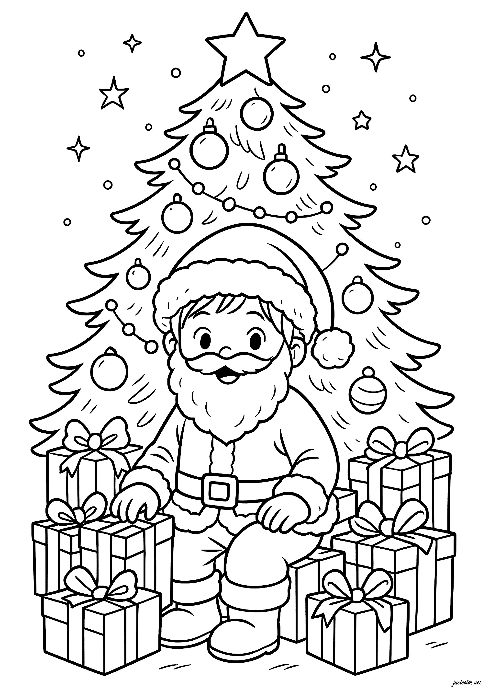 Weihnachtsmann, Weihnachtsbaum und viele Geschenke (Ausmalbild von Weihnachten zum Ausdrucken und Ausmalen für Kinder)