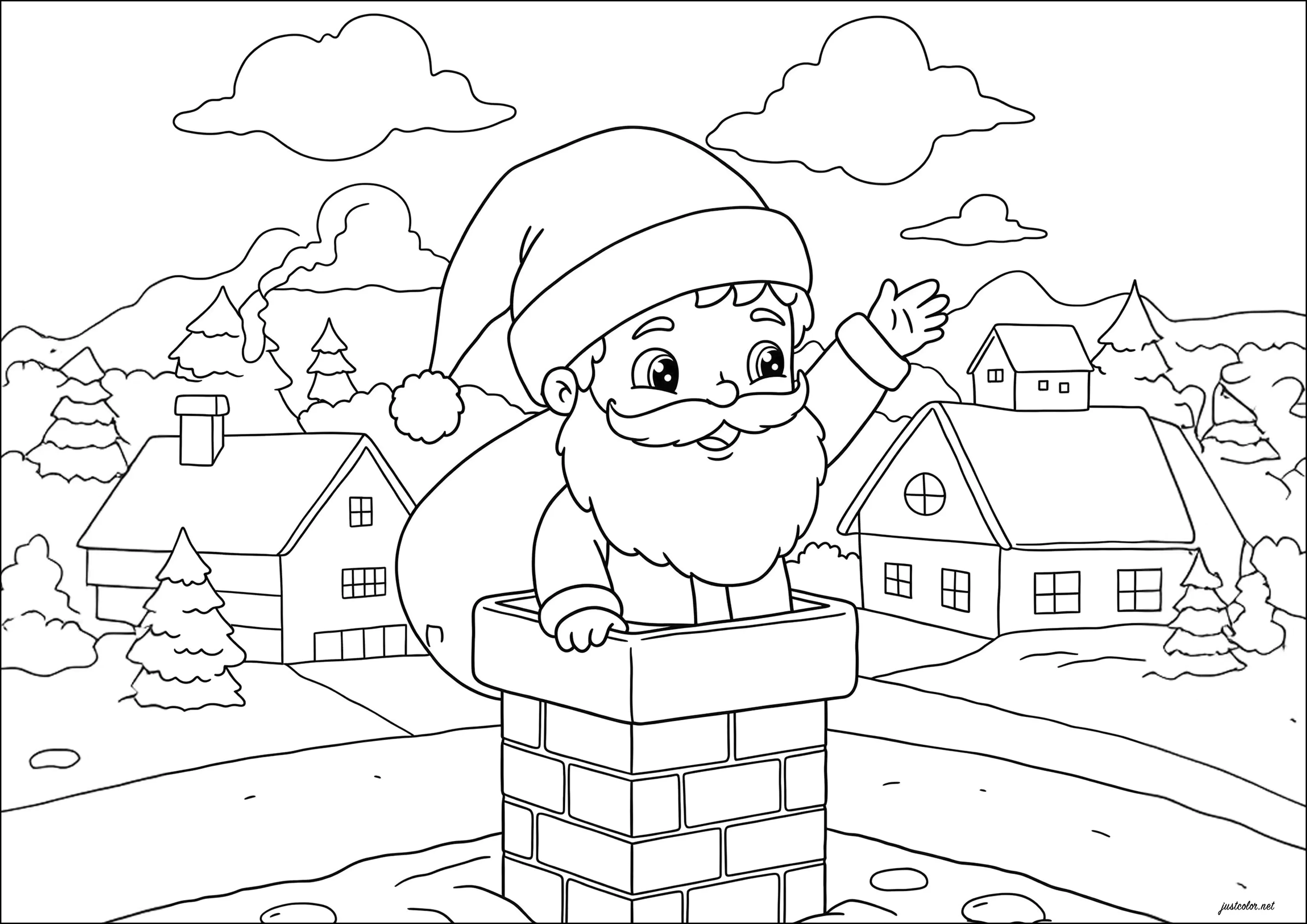 Junger Weihnachtsmann steigt in einen Kamin (Ausmalbild von Weihnachten zum Ausdrucken und Ausmalen für Kinder)