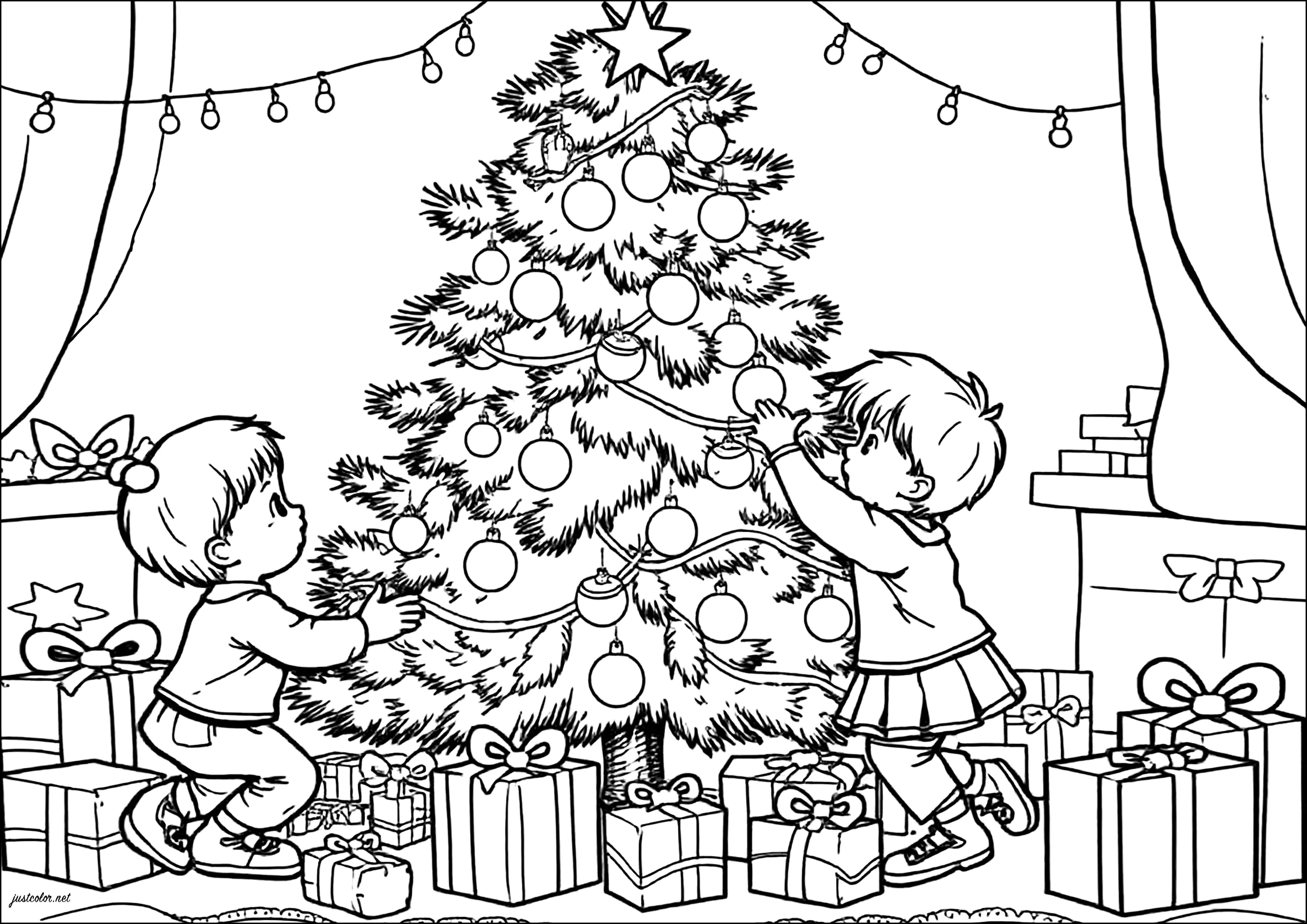 Junge Kinder beim Schmücken eines Weihnachtsbaums (Ausmalbild von Weihnachten zum Ausdrucken und Ausmalen für Kinder)