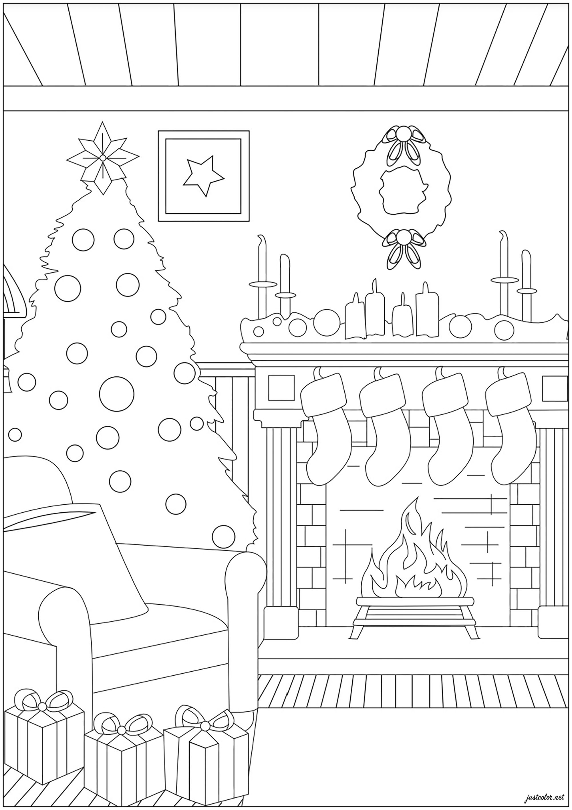Ein weihnachtlich geschmücktes Wohnzimmer (Ausmalbild von Weihnachten zum Ausdrucken und Ausmalen für Kinder)