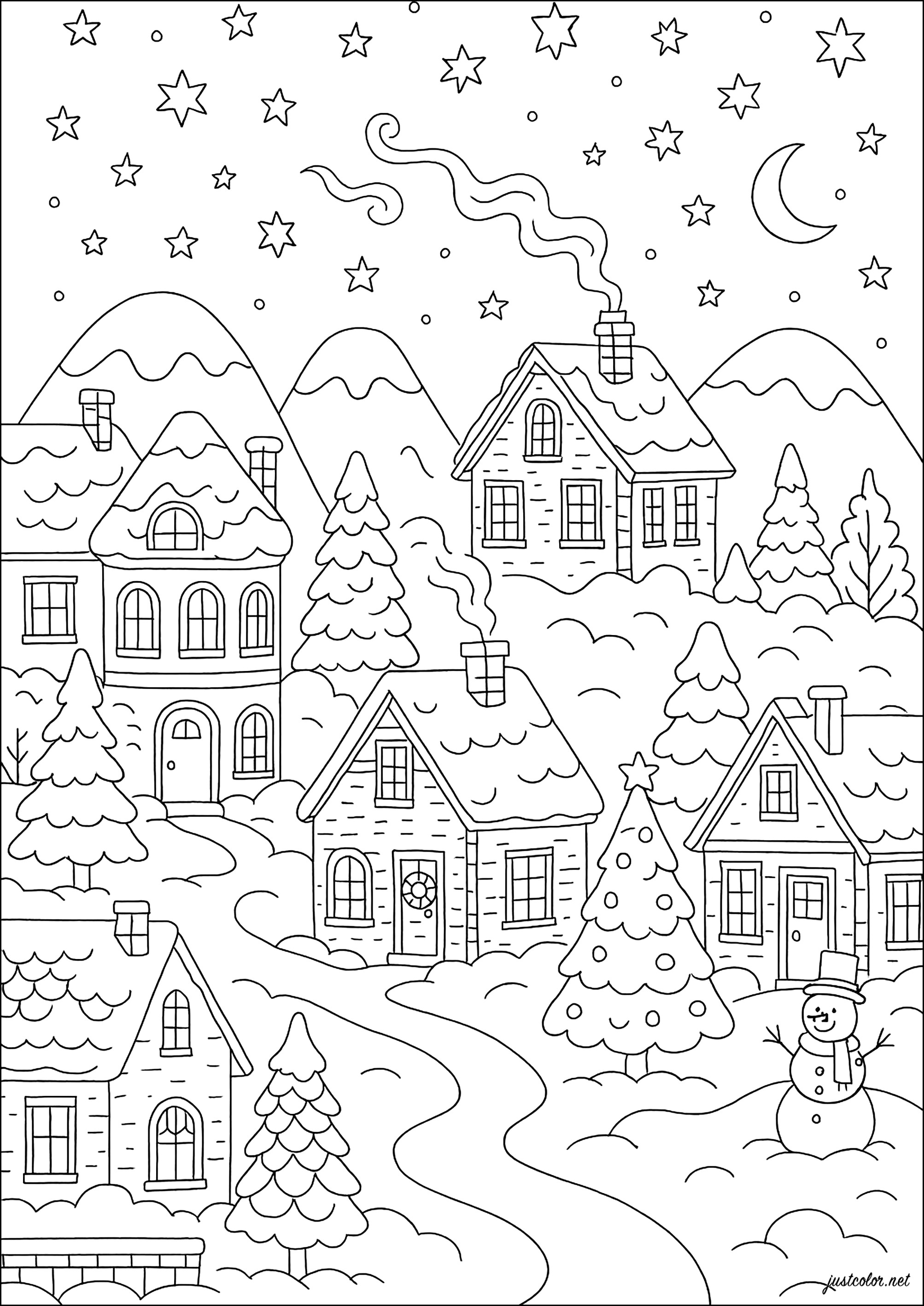 Verzaubertes Dorf unter den Sternen (Ausmalbild von Weihnachten zum Ausdrucken und Ausmalen für Kinder)