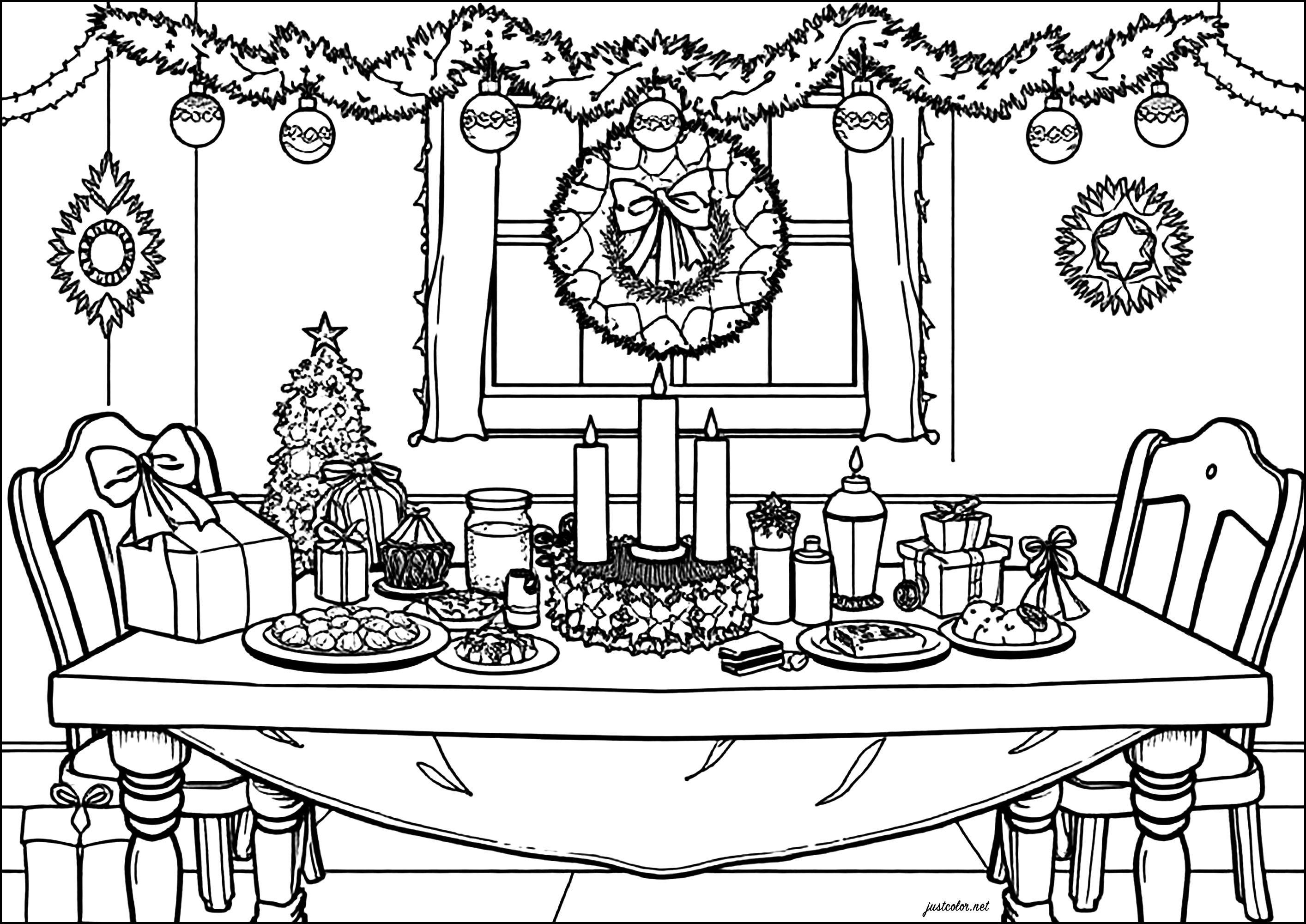 Geschmückter Weihnachtstisch voller guter Speisen (Ausmalbild von Weihnachten zum Ausdrucken und Ausmalen für Kinder)