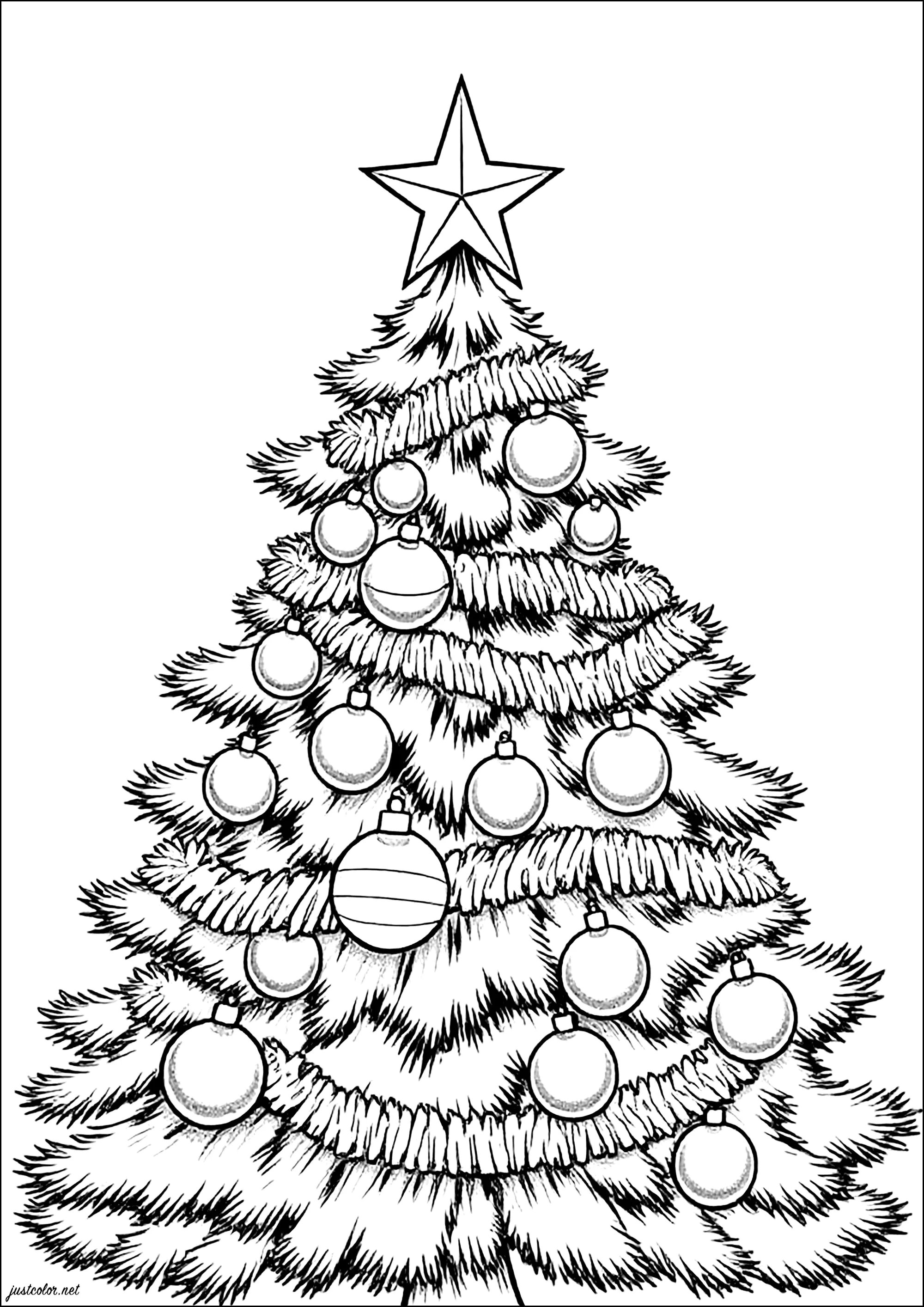 Weihnachtsbaum und Dekokugeln (Ausmalbild von Weihnachten zum Ausdrucken und Ausmalen für Kinder)