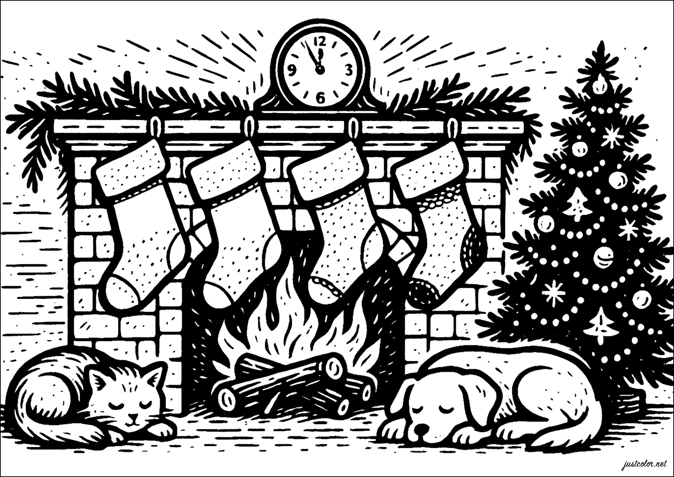 Festliche Wärme am Kamin (Ausmalbild von Weihnachten zum Ausdrucken und Ausmalen für Kinder)