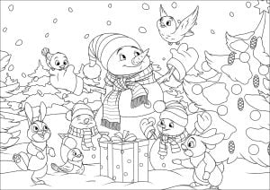 Weihnachtsmänner, Hasen und Vögel (Ausmalbild von Weihnachten)