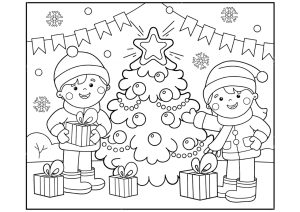 Zwei Kinder bereit, ihre Geschenke am Fuße des Weihnachtsbaums zu öffnen. (Ausmalbild von Weihnachten)
