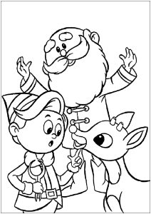 Rudolph, das rotnasige Rentier, der Weihnachtsmann und einer seiner Elfen. (Ausmalbild von Weihnachten)