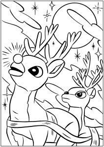 Das Ausmalen von Rudolph, dem Rentier des Weihnachtsmanns, und einem anderen Schlittenrentier. (Ausmalbild von Weihnachten)